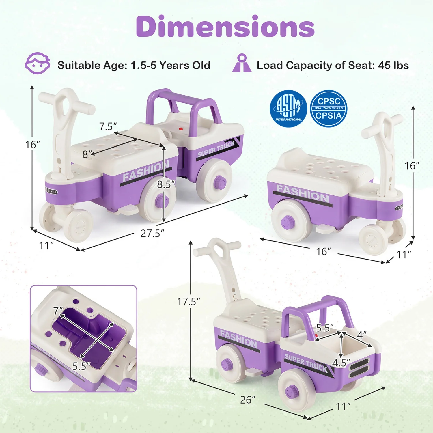 4 in 1 Ride on Push Car with Music and Under-Seat Storage for Boys Girls, Purple - Image 3