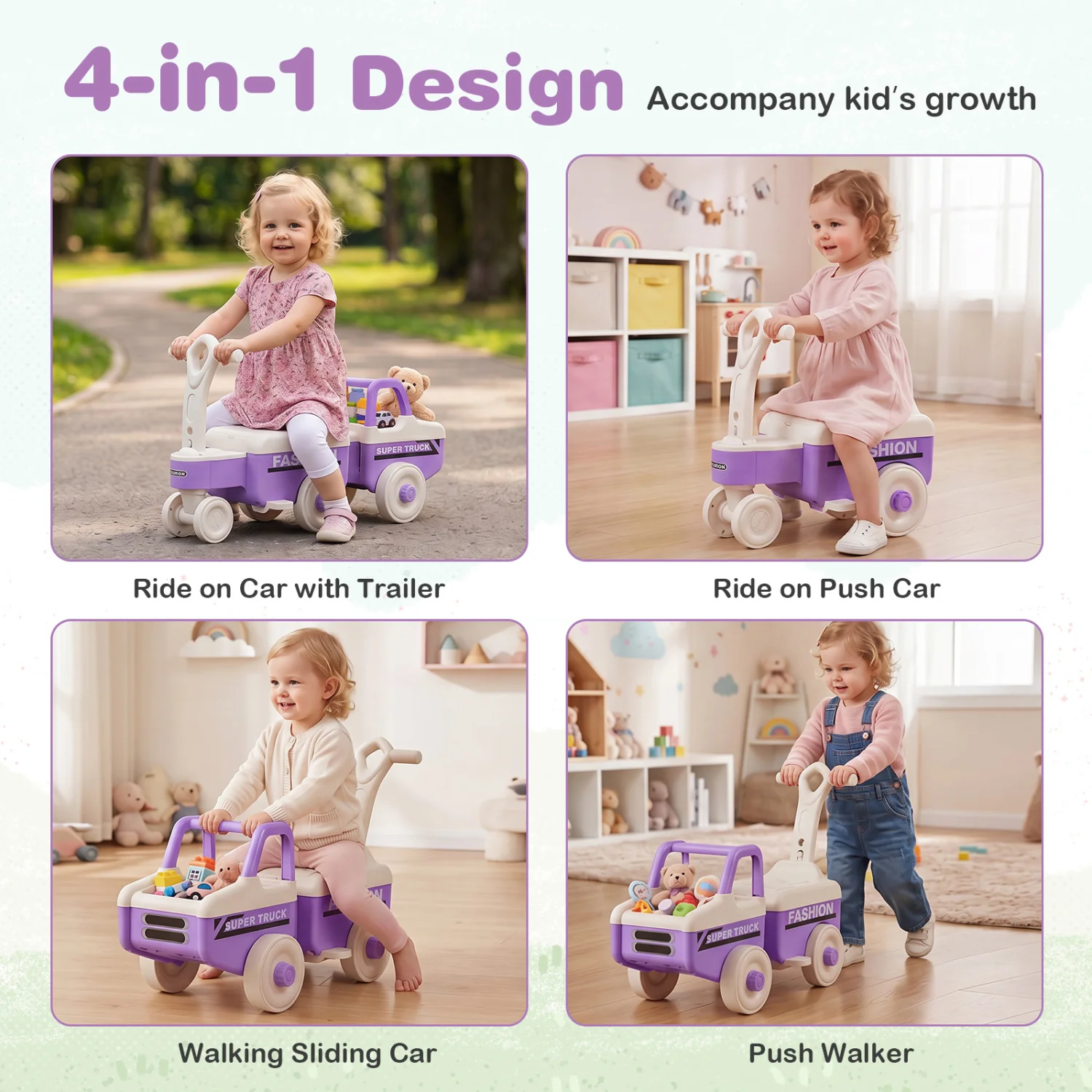 4 in 1 Ride on Push Car with Music and Under-Seat Storage for Boys Girls, Purple - Image 4