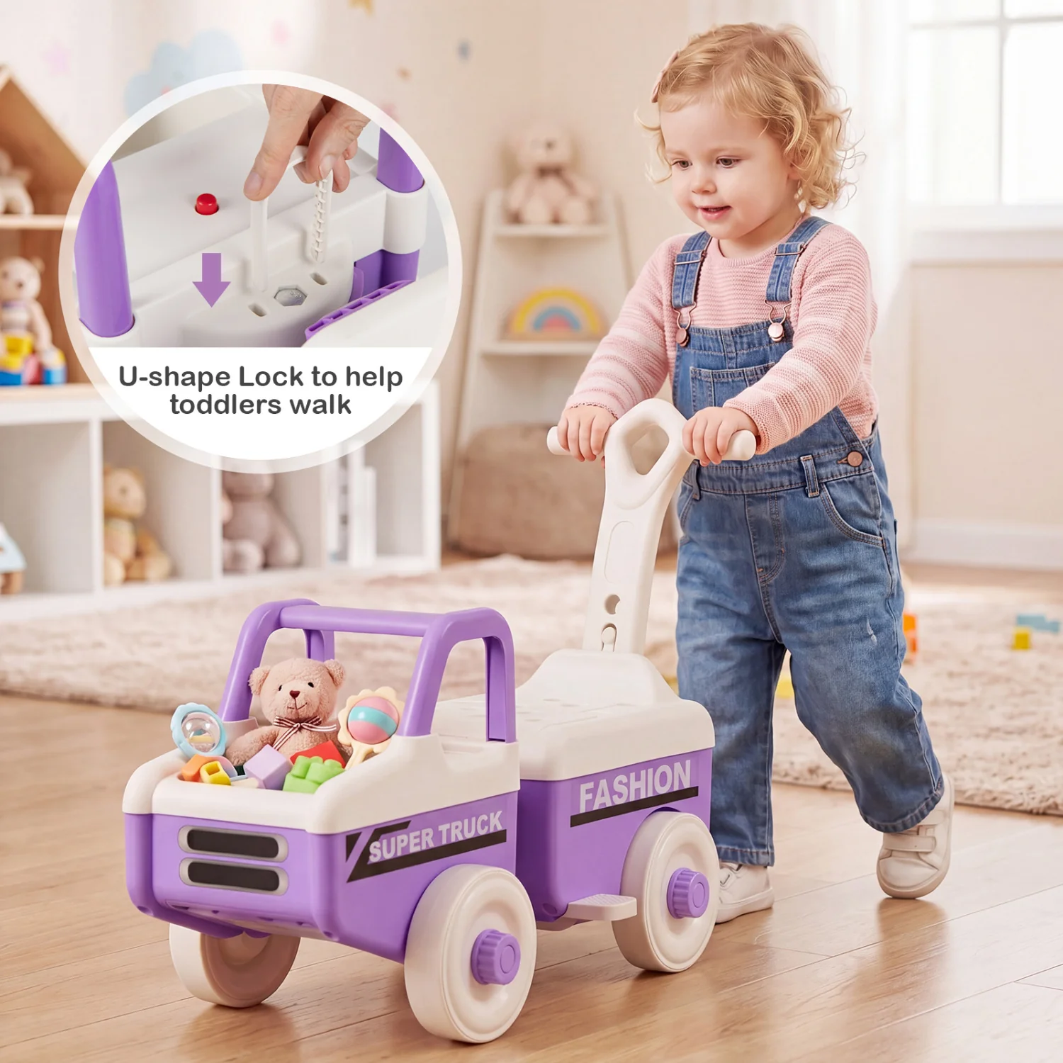 4 in 1 Ride on Push Car with Music and Under-Seat Storage for Boys Girls, Purple - Image 5