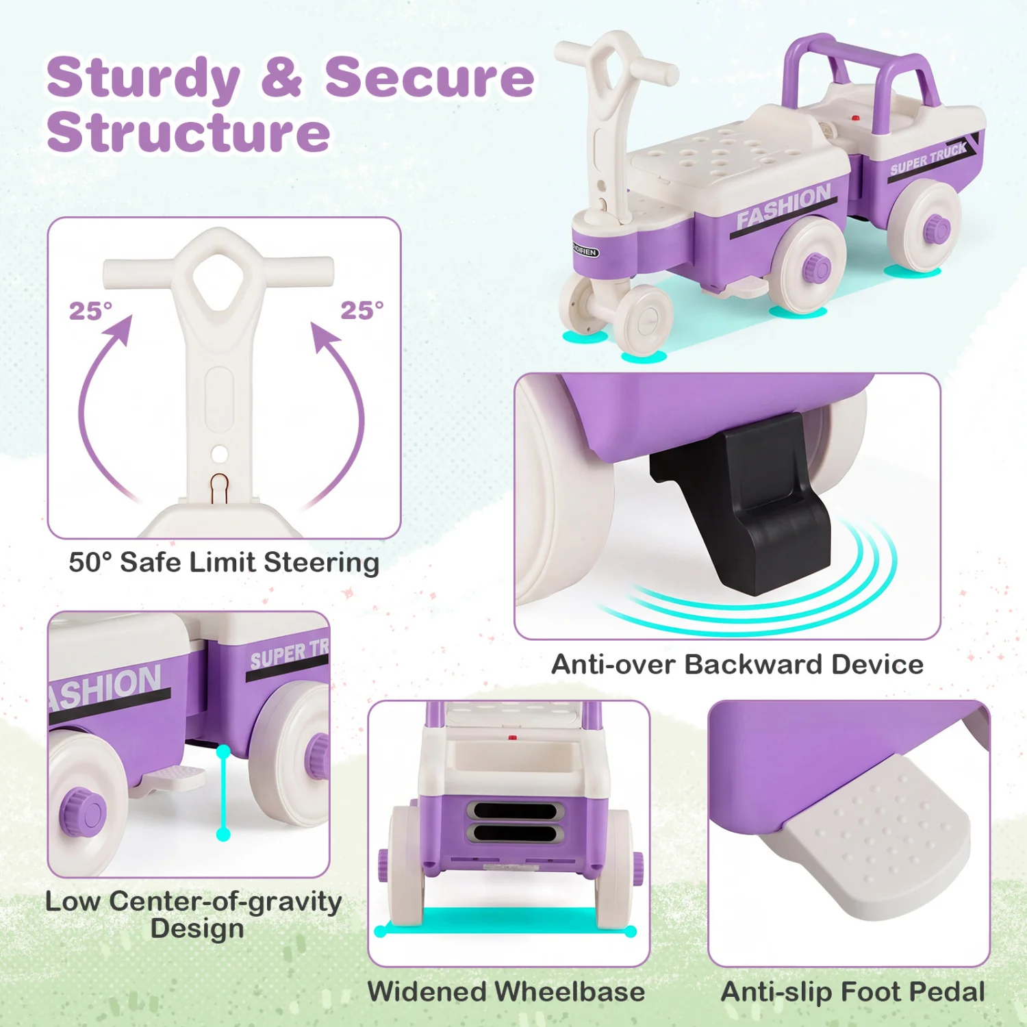 4 in 1 Ride on Push Car with Music and Under-Seat Storage for Boys Girls, Purple - Image 7