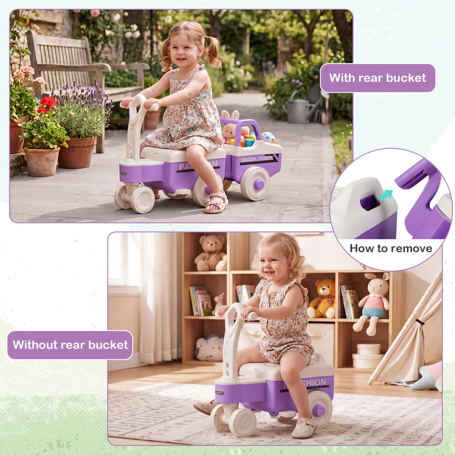 4 in 1 Ride on Push Car with Music and Under-Seat Storage for Boys Girls, Purple - Image 8
