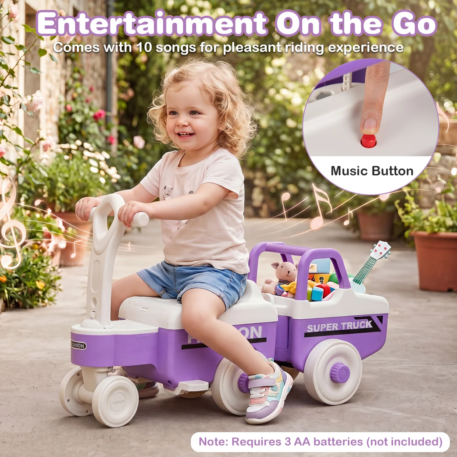 4 in 1 Ride on Push Car with Music and Under-Seat Storage for Boys Girls, Purple - Image 9