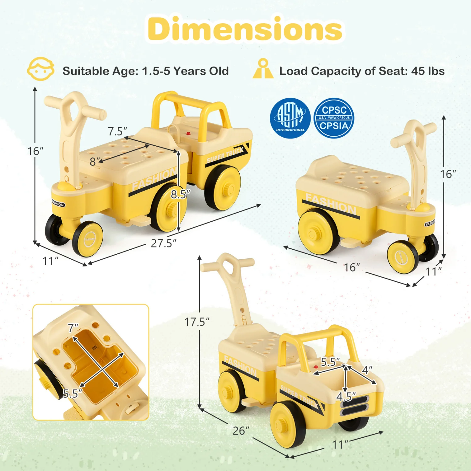 4 in 1 Ride on Push Car with Music and Under-Seat Storage for Boys Girls, Yellow - Image 3