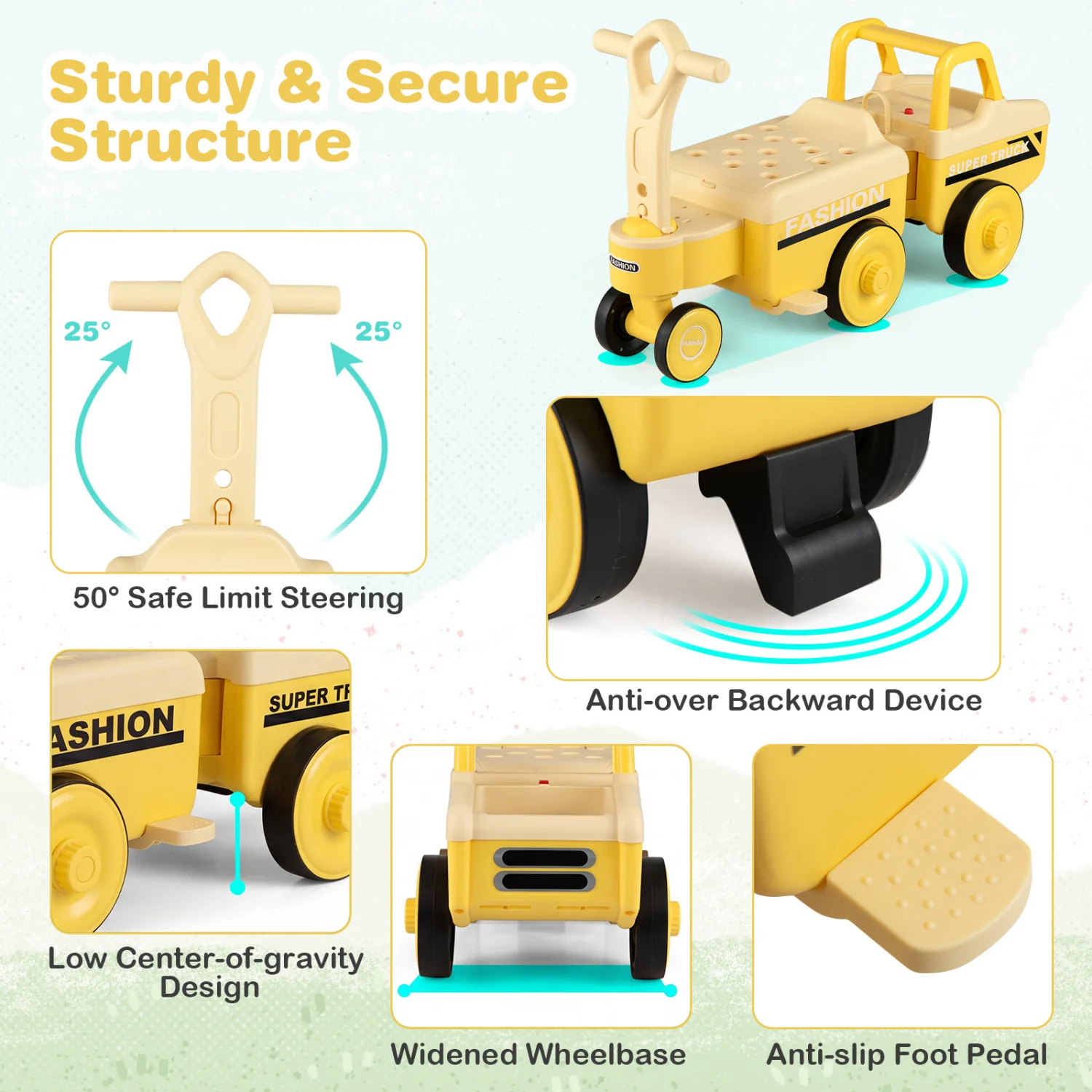 4 in 1 Ride on Push Car with Music and Under-Seat Storage for Boys Girls, Yellow - Image 4