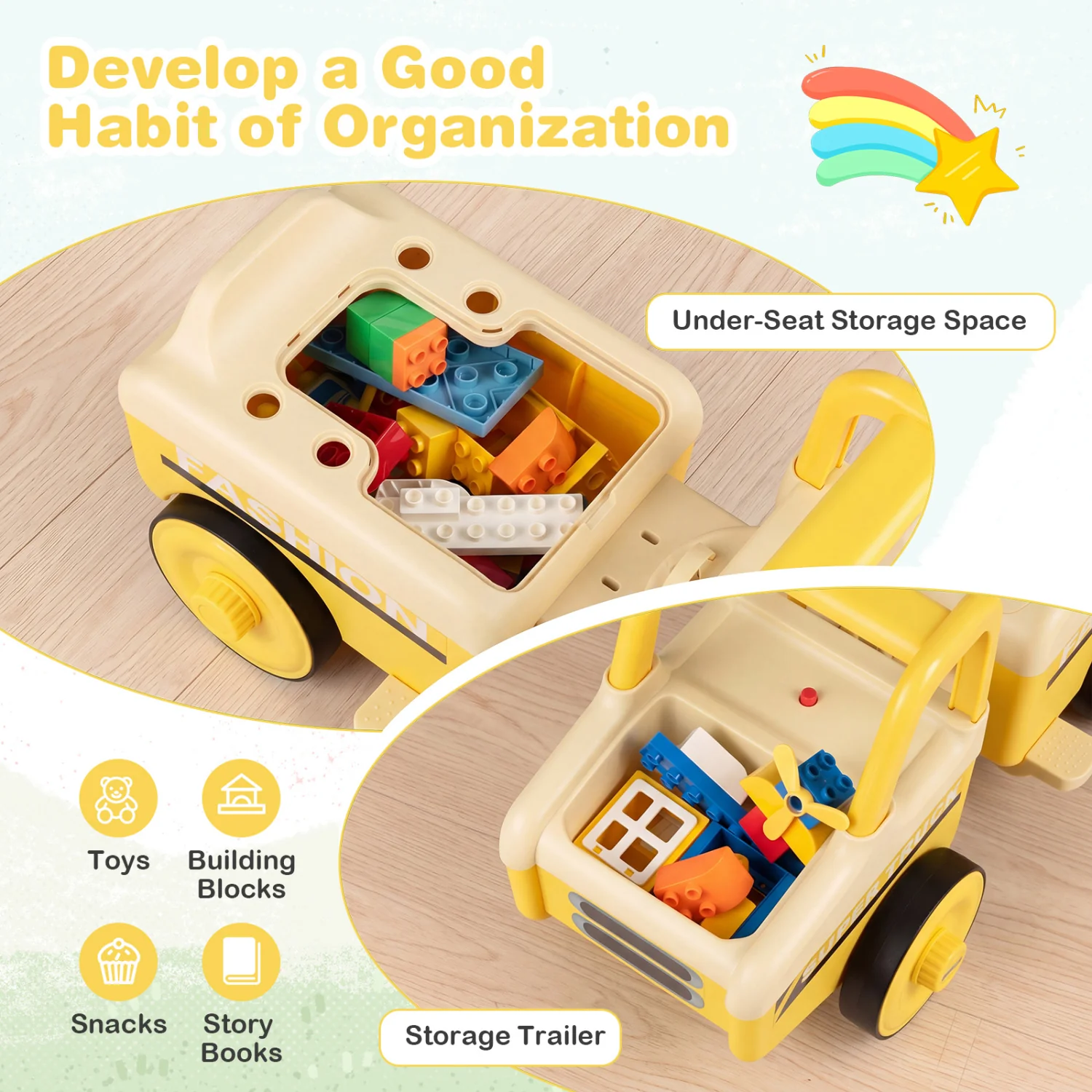 4 in 1 Ride on Push Car with Music and Under-Seat Storage for Boys Girls, Yellow - Image 5