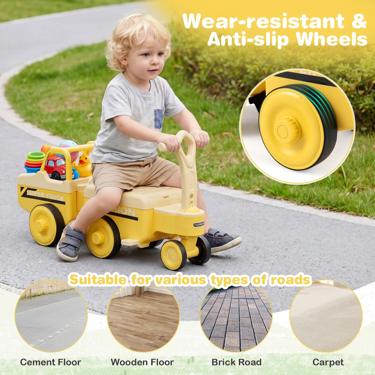 4 in 1 Ride on Push Car with Music and Under-Seat Storage for Boys Girls, Yellow - Image 6