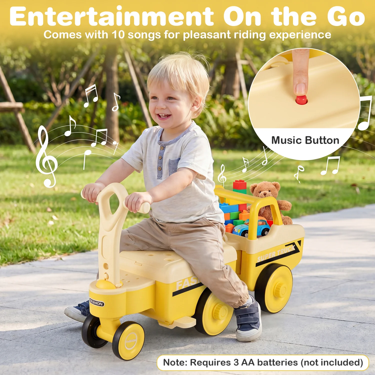 4 in 1 Ride on Push Car with Music and Under-Seat Storage for Boys Girls, Yellow - Image 7