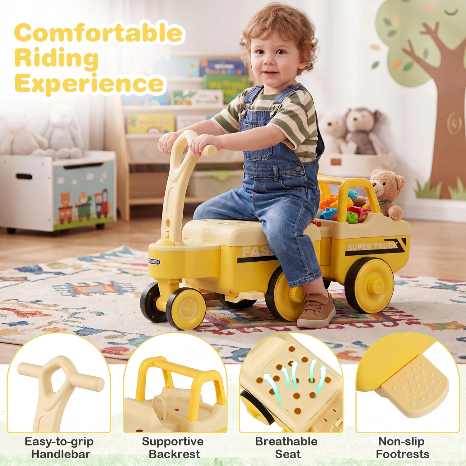4 in 1 Ride on Push Car with Music and Under-Seat Storage for Boys Girls, Yellow - Image 8