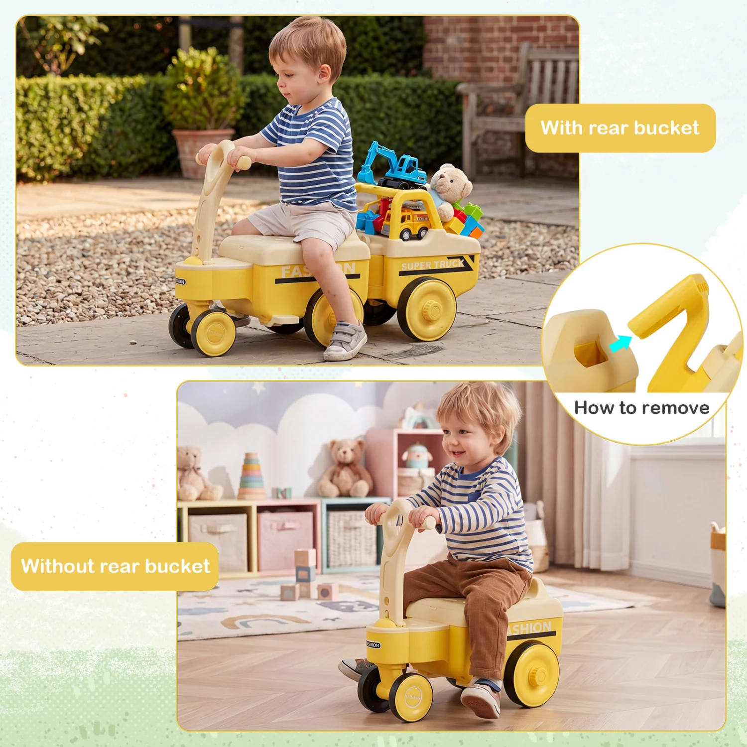 4 in 1 Ride on Push Car with Music and Under-Seat Storage for Boys Girls, Yellow - Image 9