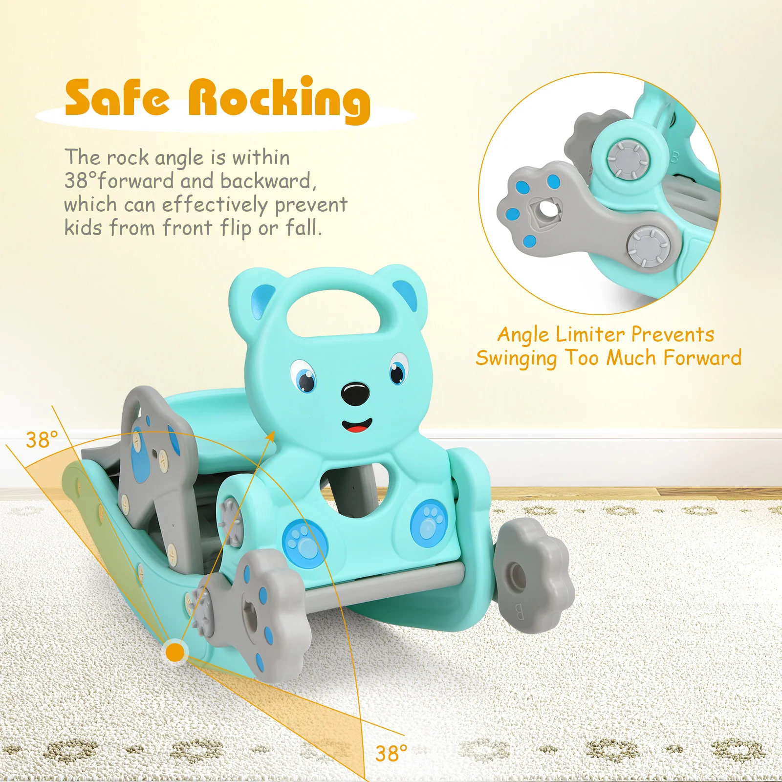 4-in-1 Toddler Slide, Rocking Horse Playset, Basketball Hoop, Blue - Image 10