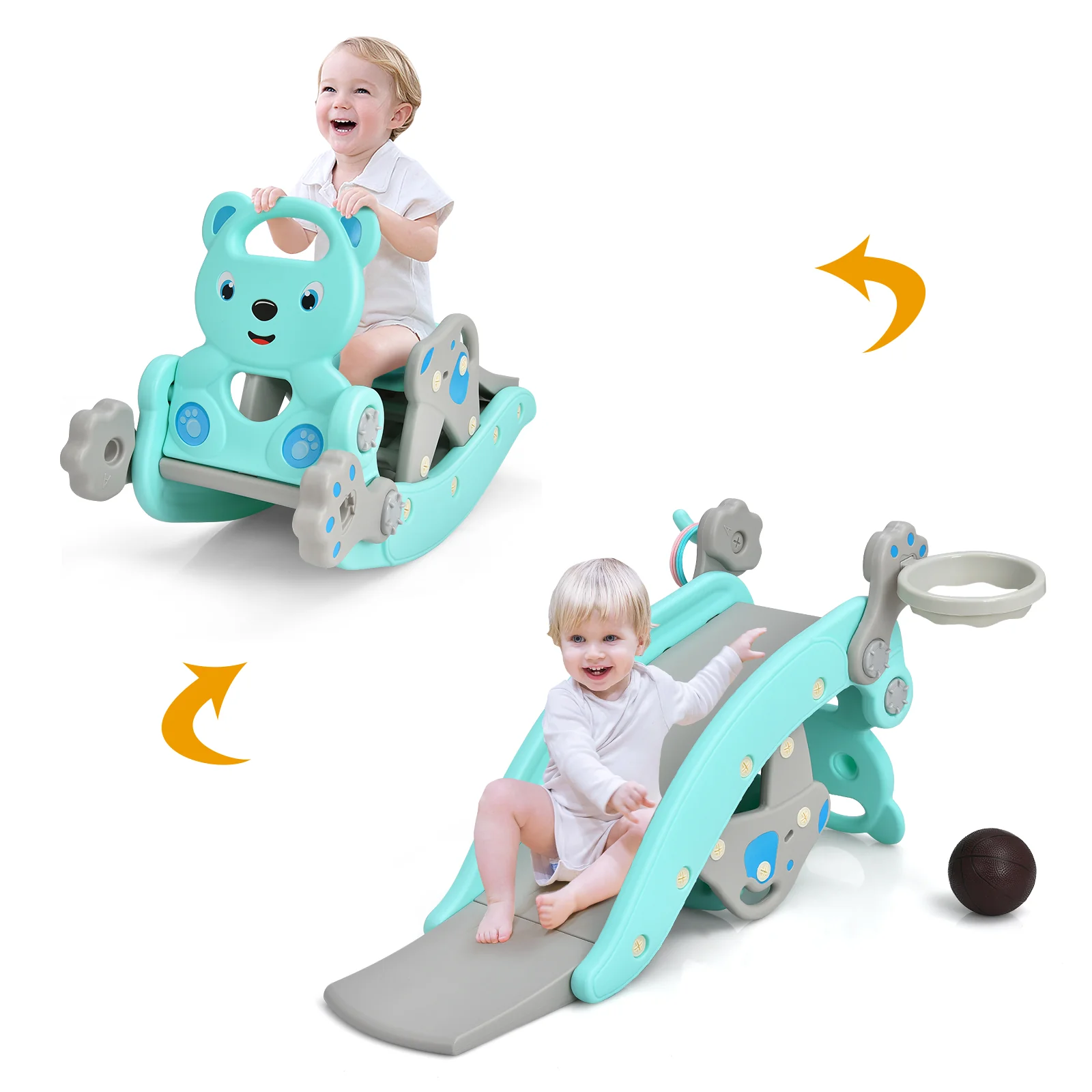 4-in-1 Toddler Slide, Rocking Horse Playset, Basketball Hoop, Blue - Image 5