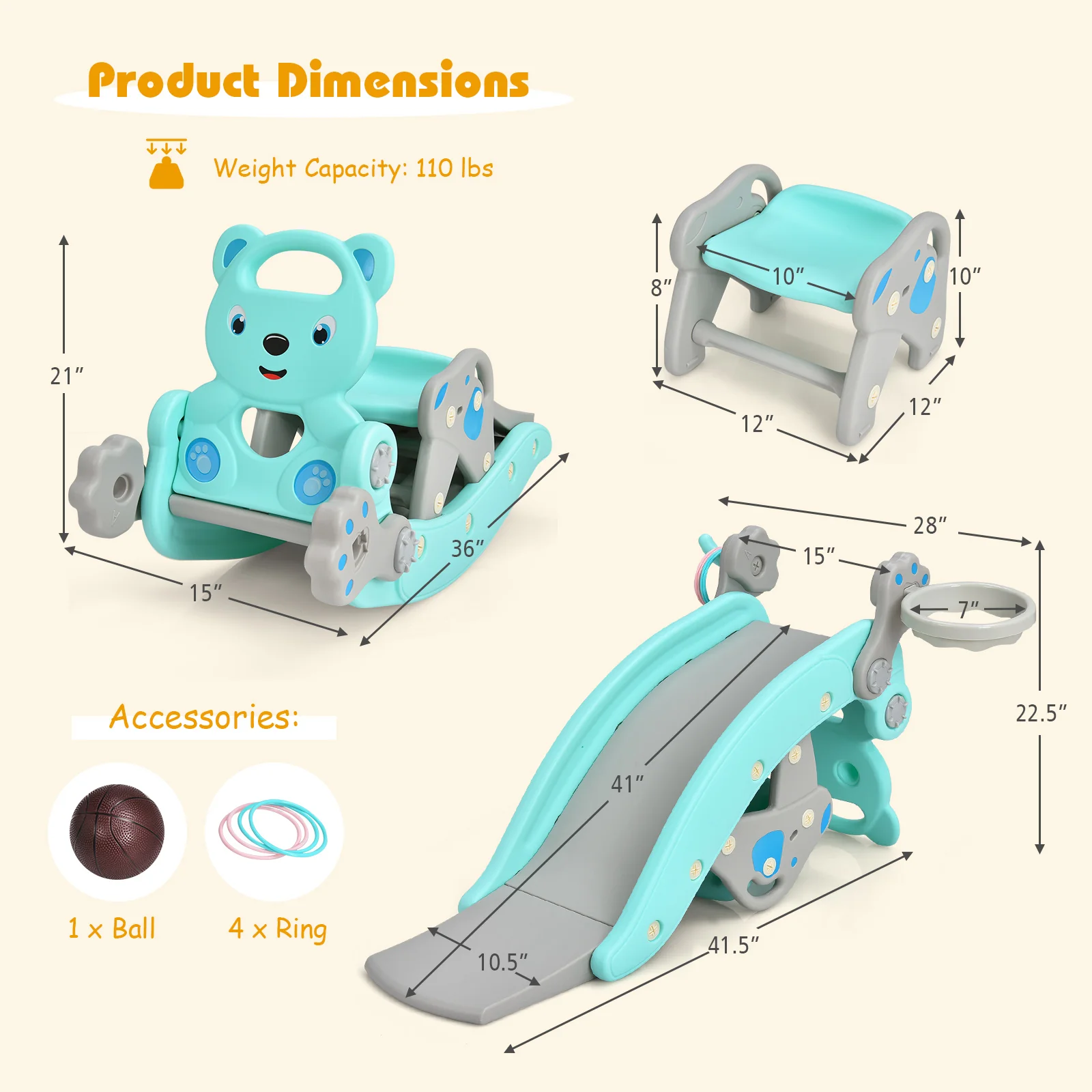 4-in-1 Toddler Slide, Rocking Horse Playset, Basketball Hoop, Blue - Image 6