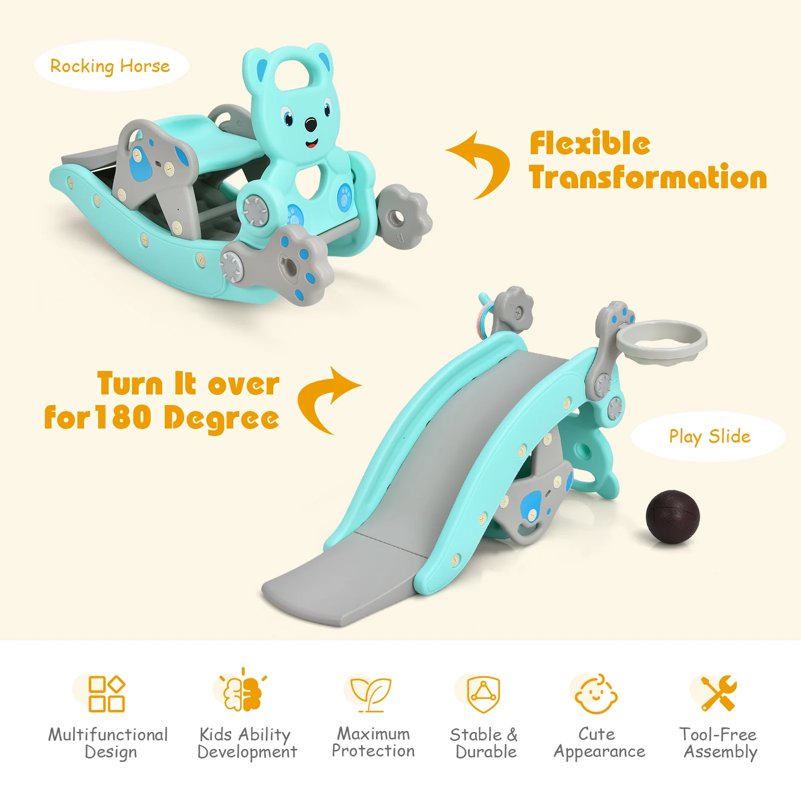 4-in-1 Toddler Slide, Rocking Horse Playset, Basketball Hoop, Blue - Image 8