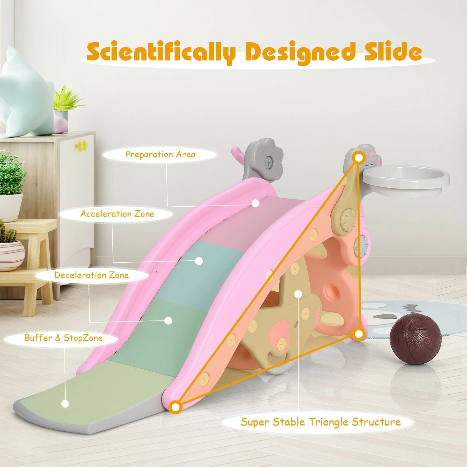 4-In-1 Toddler Slide, Rocking Horse Playset With Basketball Hoop, Pink - Image 3