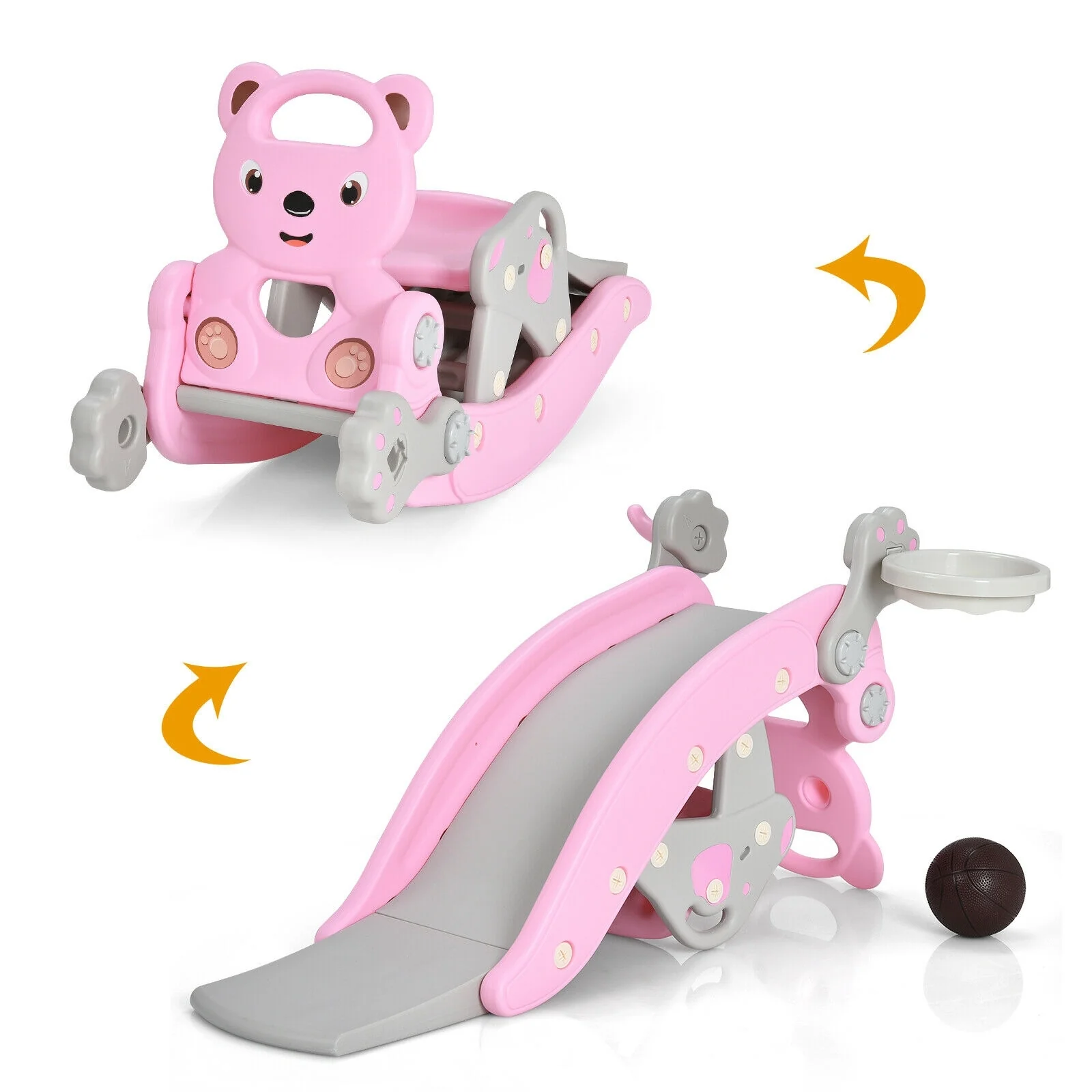 4-In-1 Toddler Slide, Rocking Horse Playset With Basketball Hoop, Pink - Image 4