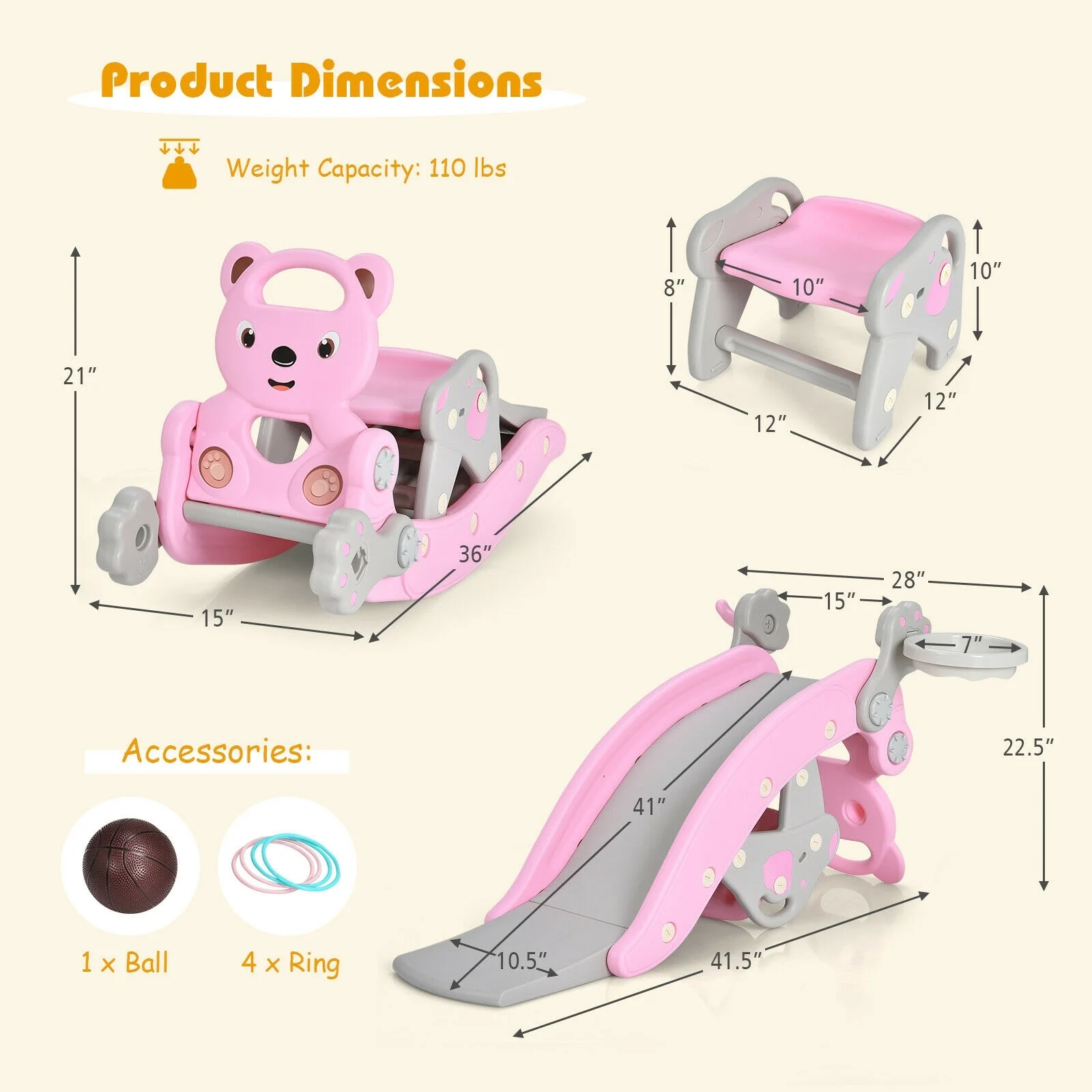 4-In-1 Toddler Slide, Rocking Horse Playset With Basketball Hoop, Pink - Image 5