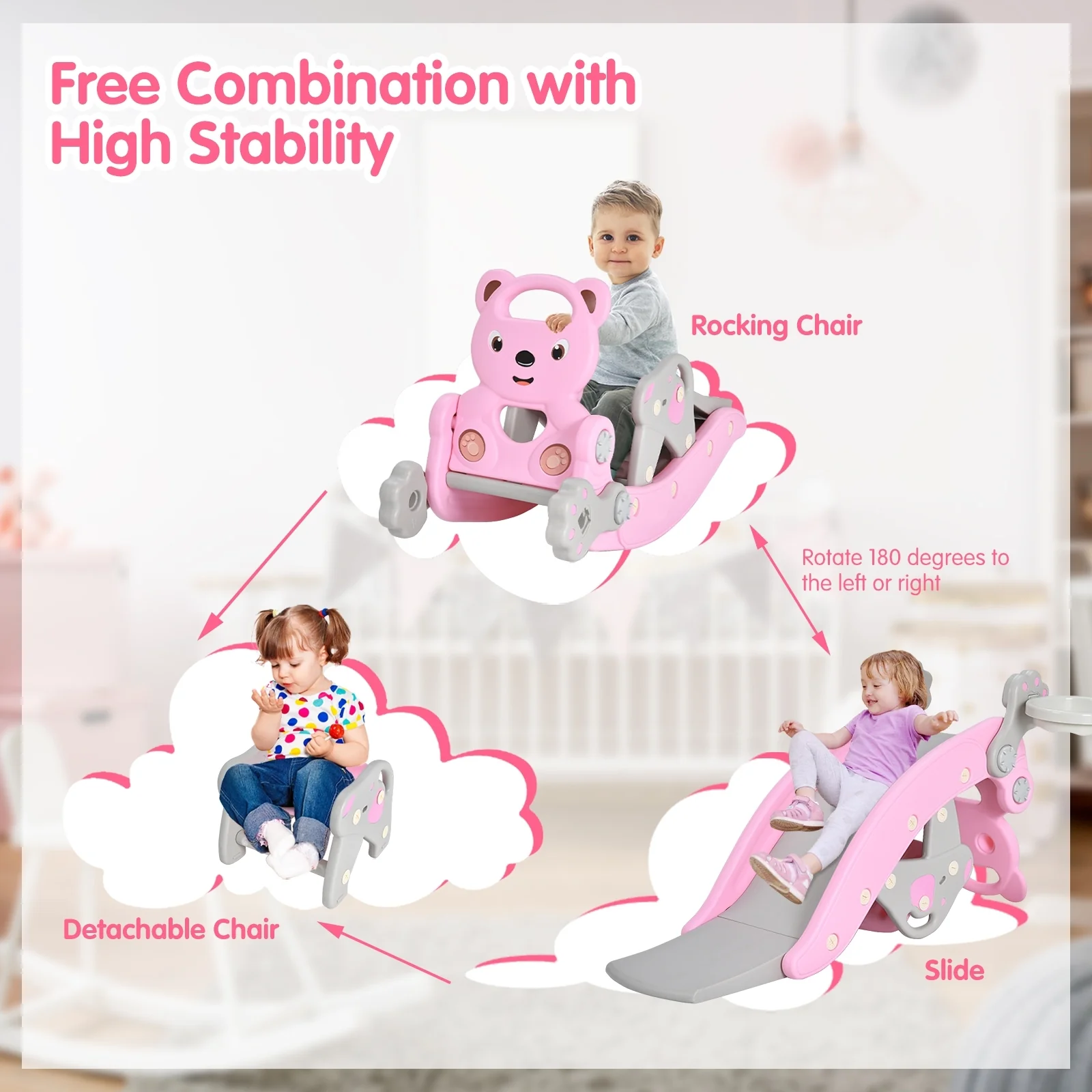 4-In-1 Toddler Slide, Rocking Horse Playset With Basketball Hoop, Pink - Image 6