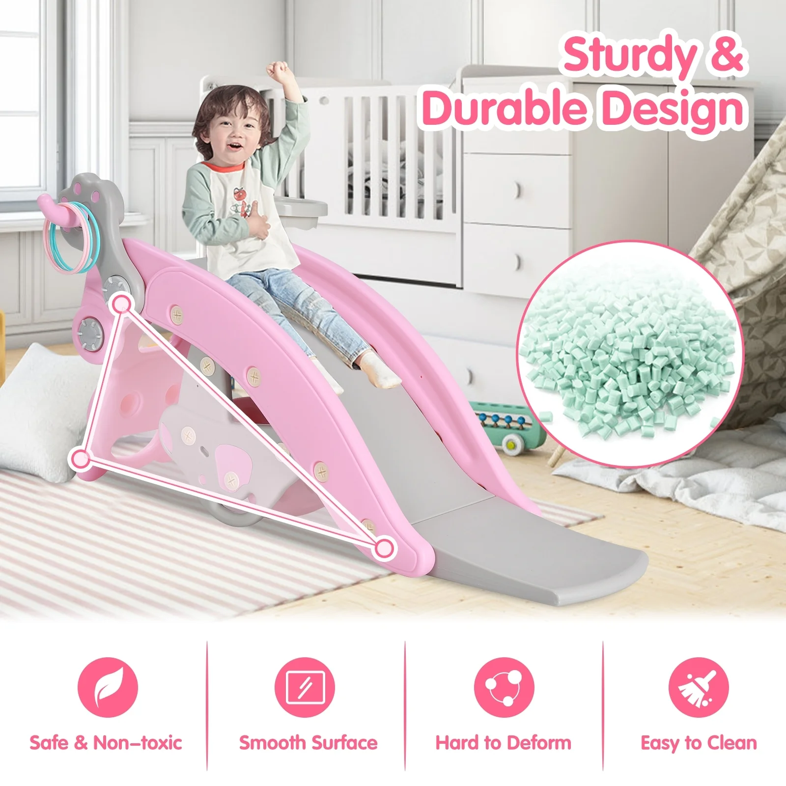 4-In-1 Toddler Slide, Rocking Horse Playset With Basketball Hoop, Pink - Image 7