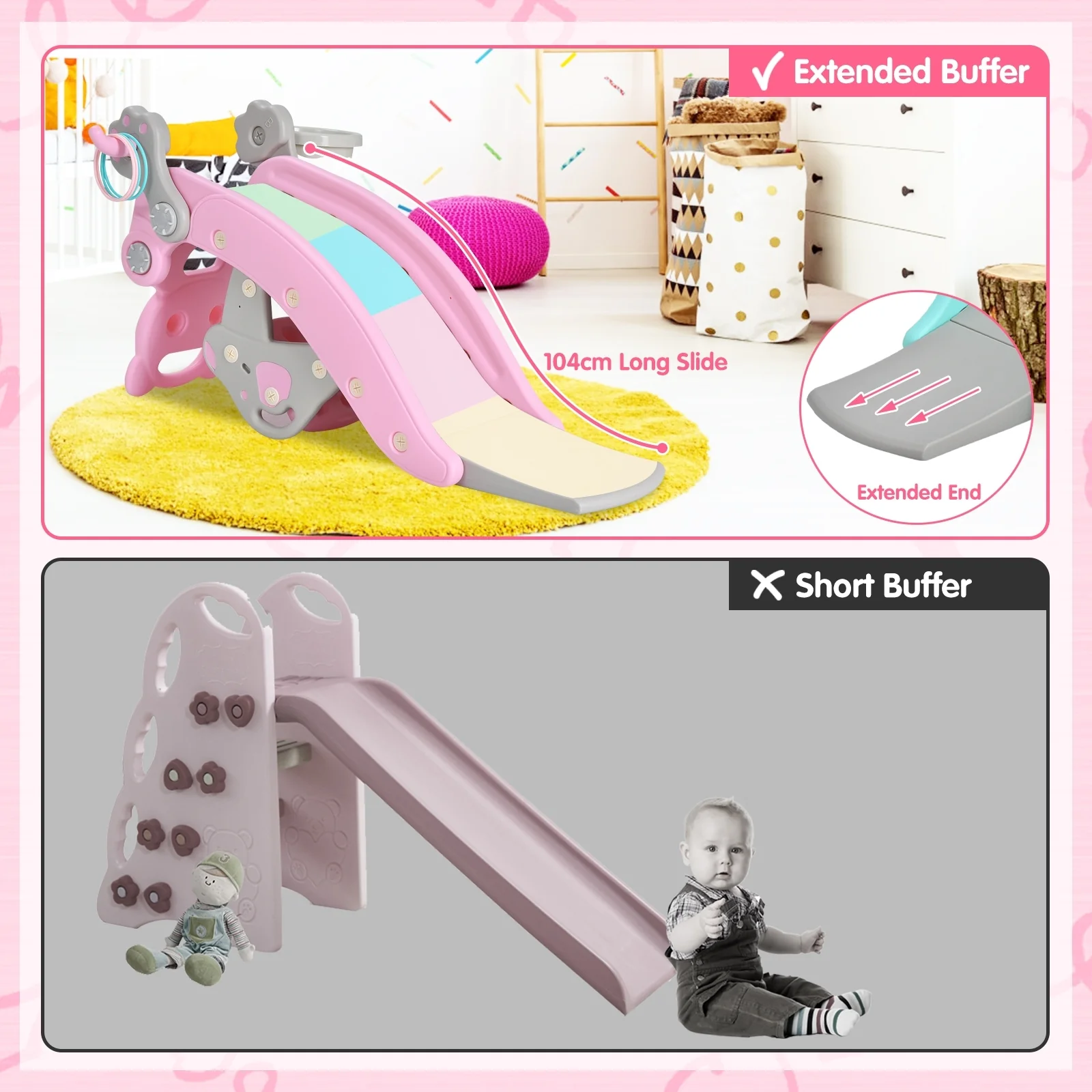4-In-1 Toddler Slide, Rocking Horse Playset With Basketball Hoop, Pink - Image 8