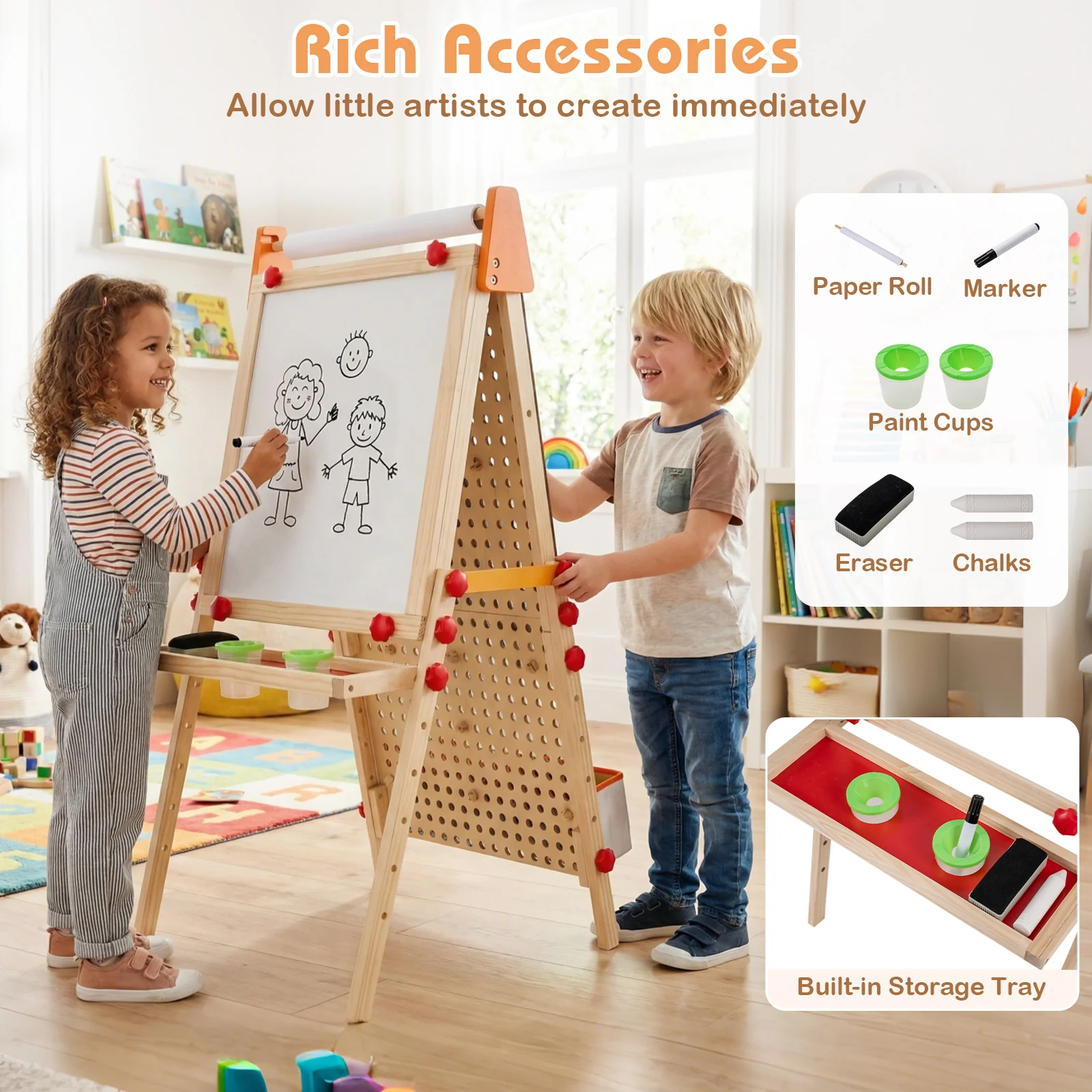 4-in-1 Wooden Kids Art Easel Double-Sided Foldable with Paper Roll and Storage Tray, Natural - Image 10
