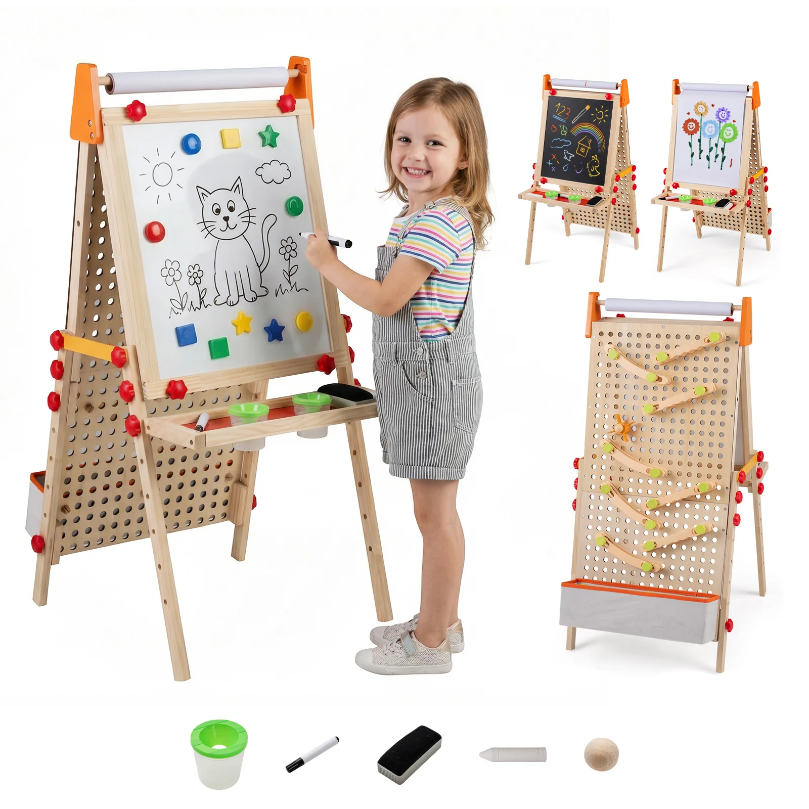 4-in-1 Wooden Kids Art Easel Double-Sided Foldable with Paper Roll and Storage Tray, Natural - Image 3