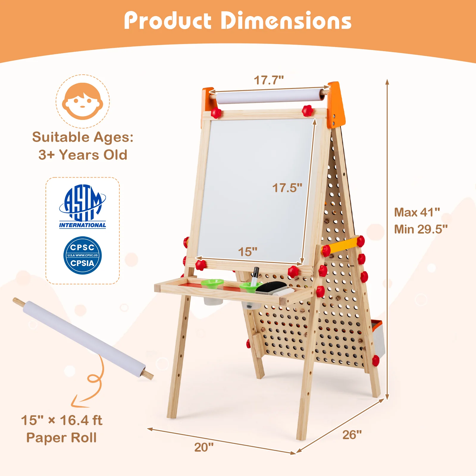 4-in-1 Wooden Kids Art Easel Double-Sided Foldable with Paper Roll and Storage Tray, Natural - Image 4