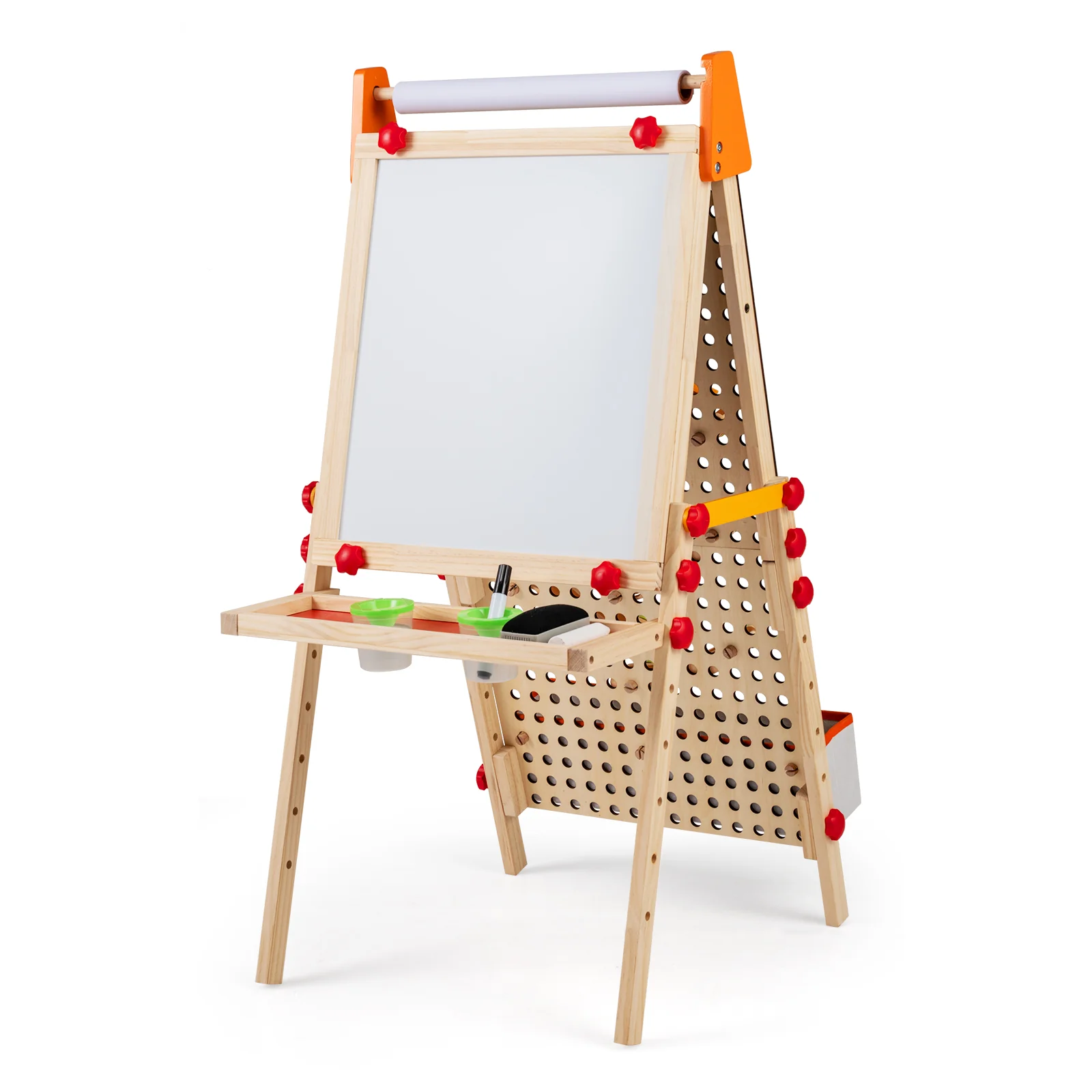 4-in-1 Wooden Kids Art Easel Double-Sided Foldable with Paper Roll and Storage Tray, Natural - Image 5