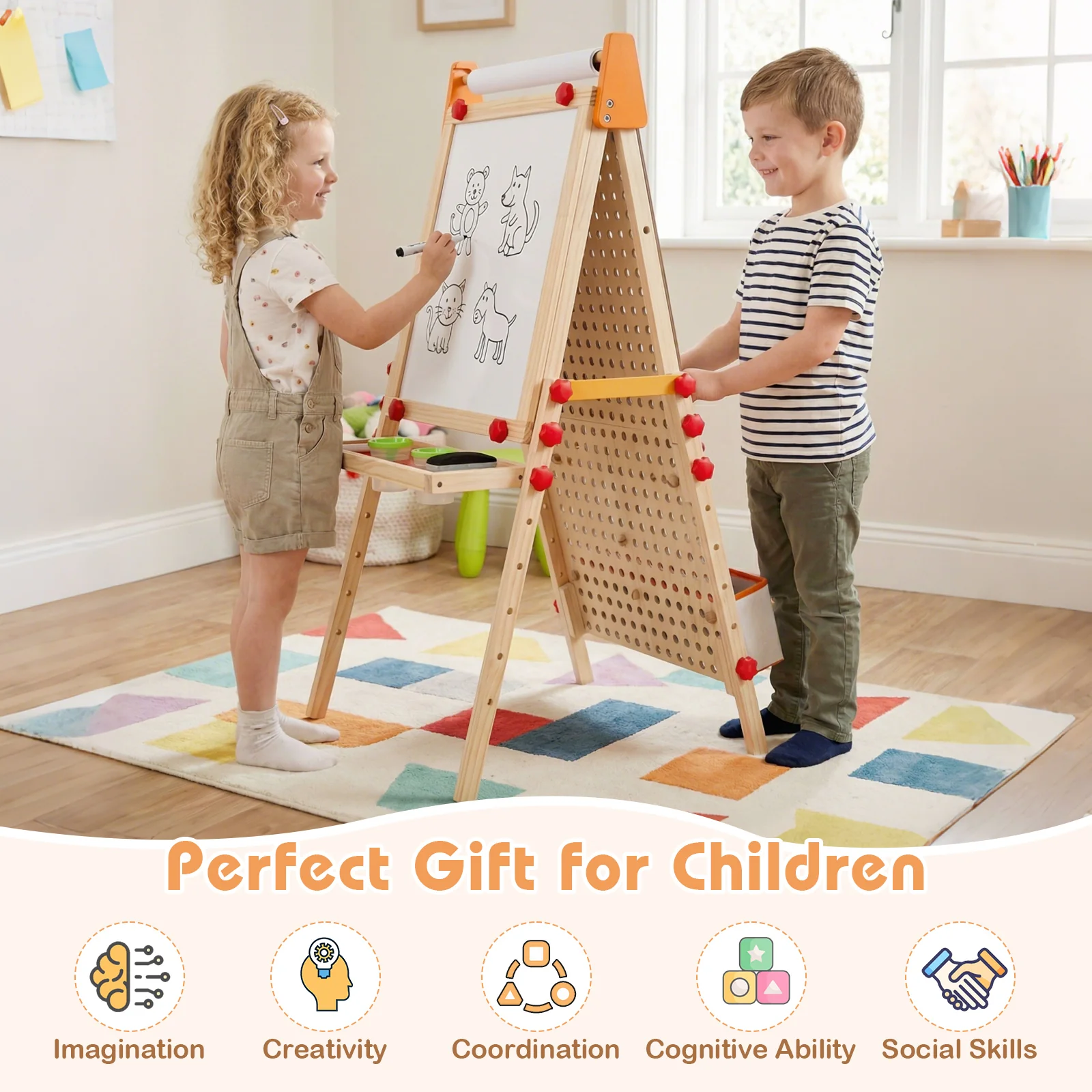 4-in-1 Wooden Kids Art Easel Double-Sided Foldable with Paper Roll and Storage Tray, Natural - Image 7