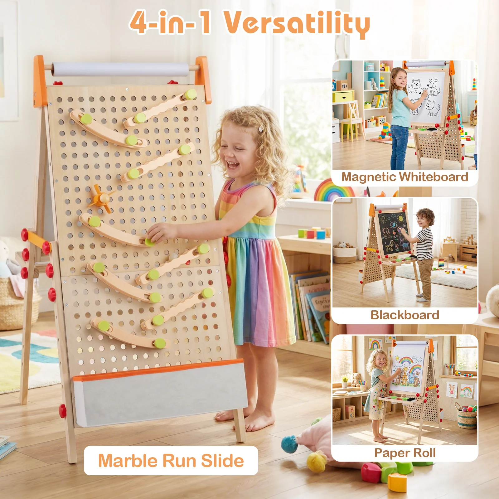 4-in-1 Wooden Kids Art Easel Double-Sided Foldable with Paper Roll and Storage Tray, Natural - Image 8