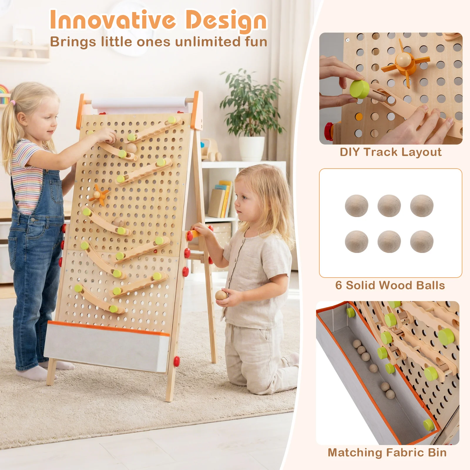 4-in-1 Wooden Kids Art Easel Double-Sided Foldable with Paper Roll and Storage Tray, Natural - Image 9