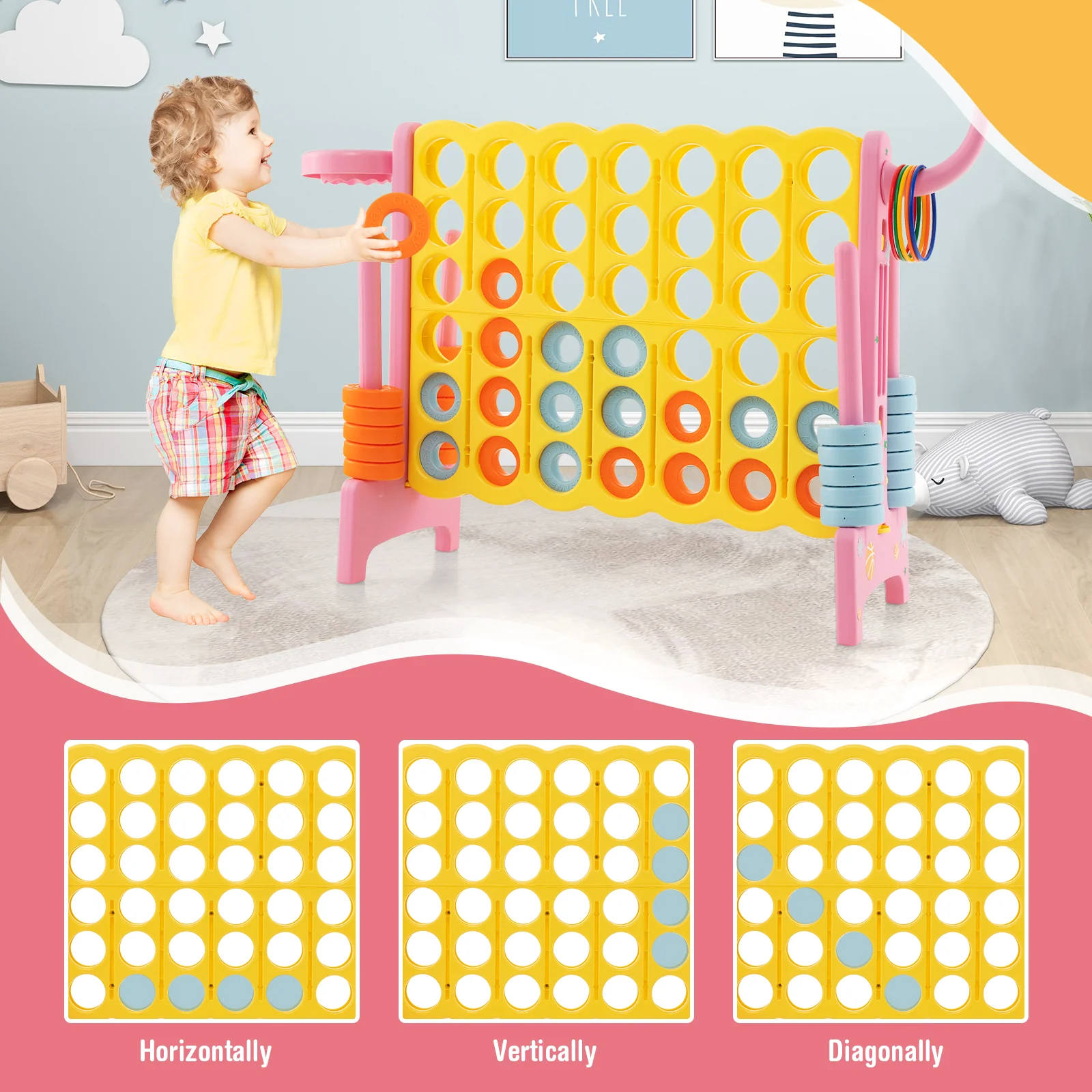 4-In-A-Row Connect Game, Basketball Hoop, Toss Ring, Pink - Image 5