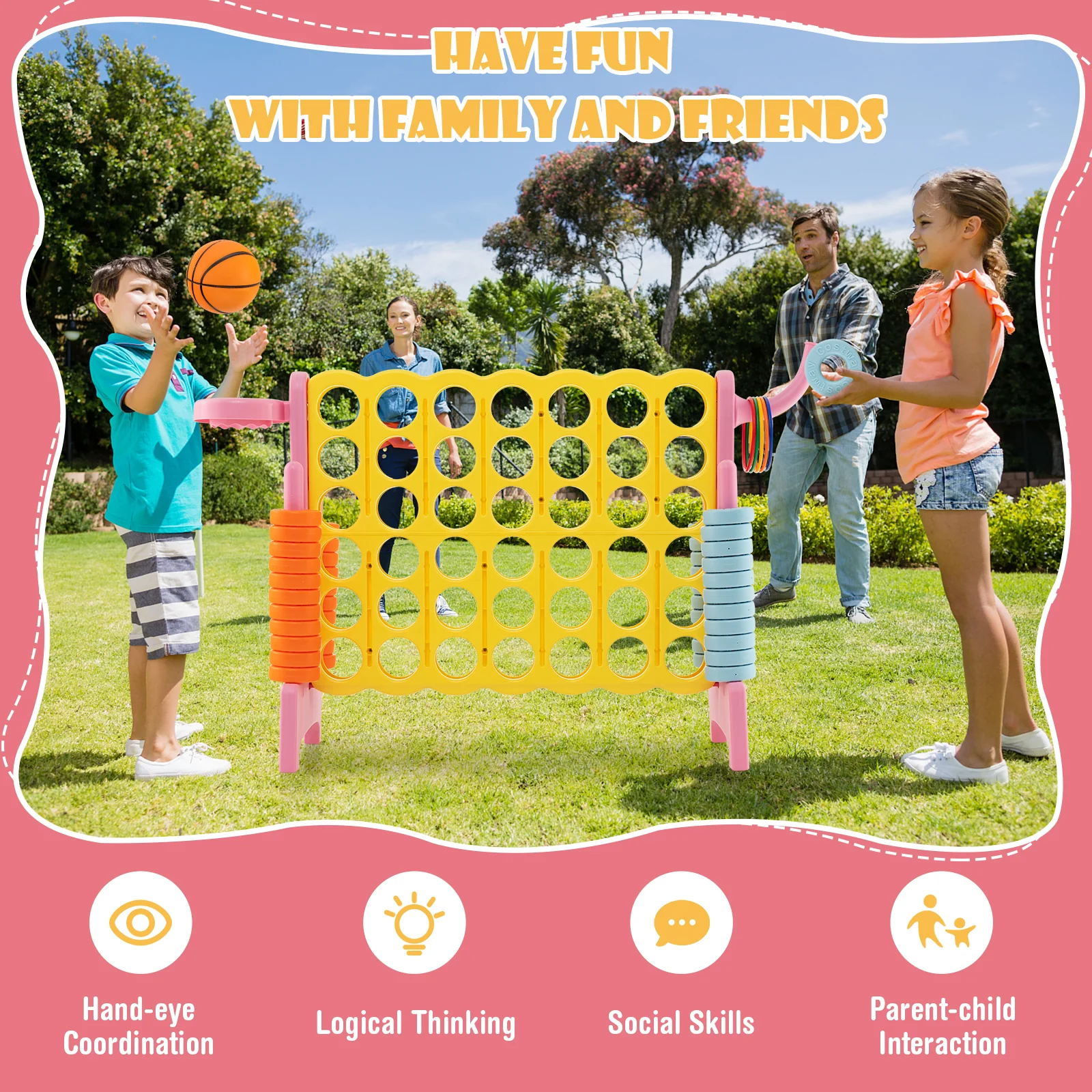 4-In-A-Row Connect Game, Basketball Hoop, Toss Ring, Pink - Image 6