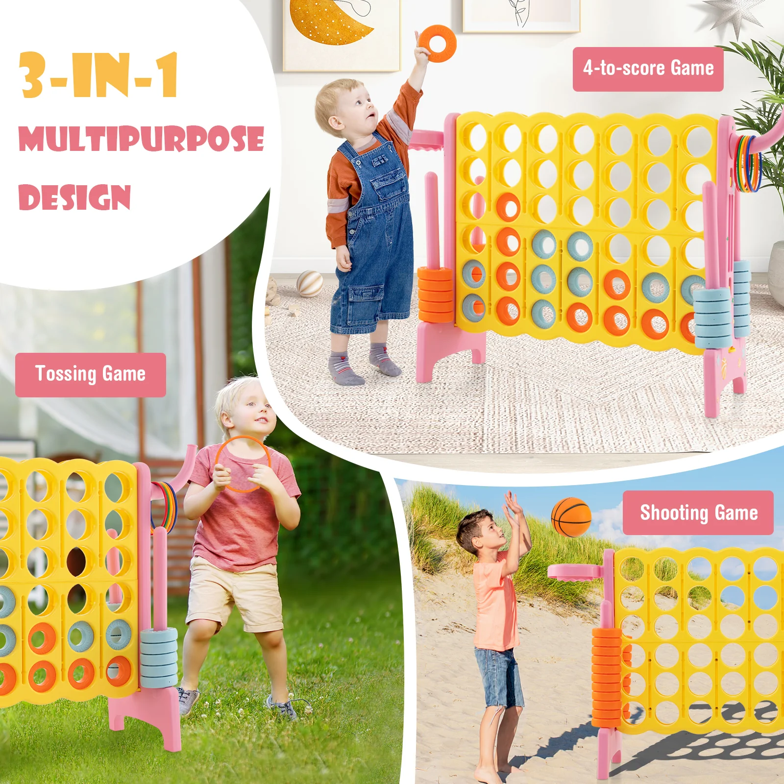 4-In-A-Row Connect Game, Basketball Hoop, Toss Ring, Pink - Image 7