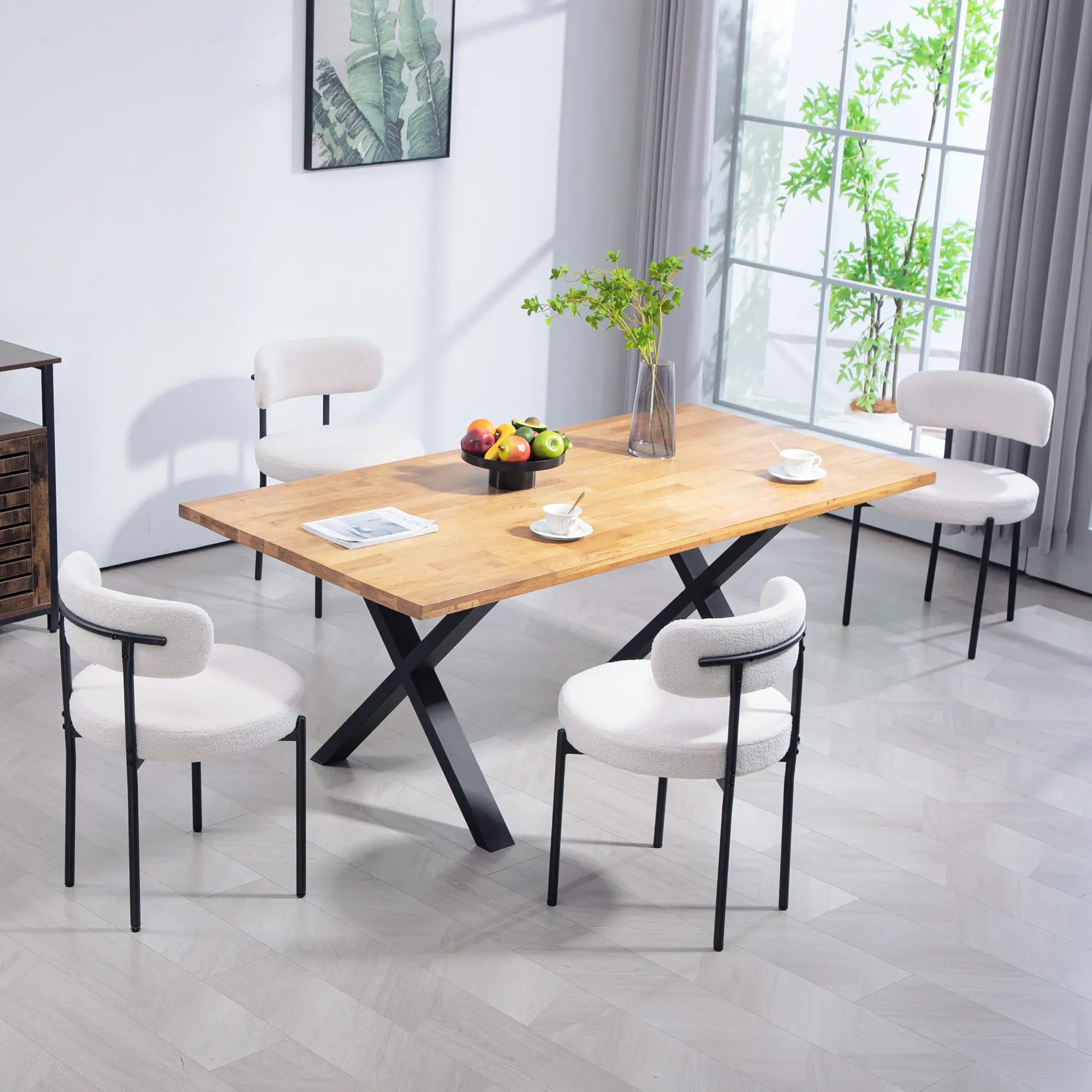 4 Kitchen Chairs, Modern Dining, Berber Fleece Upholstery, Steel Legs, Cream White - Image 2