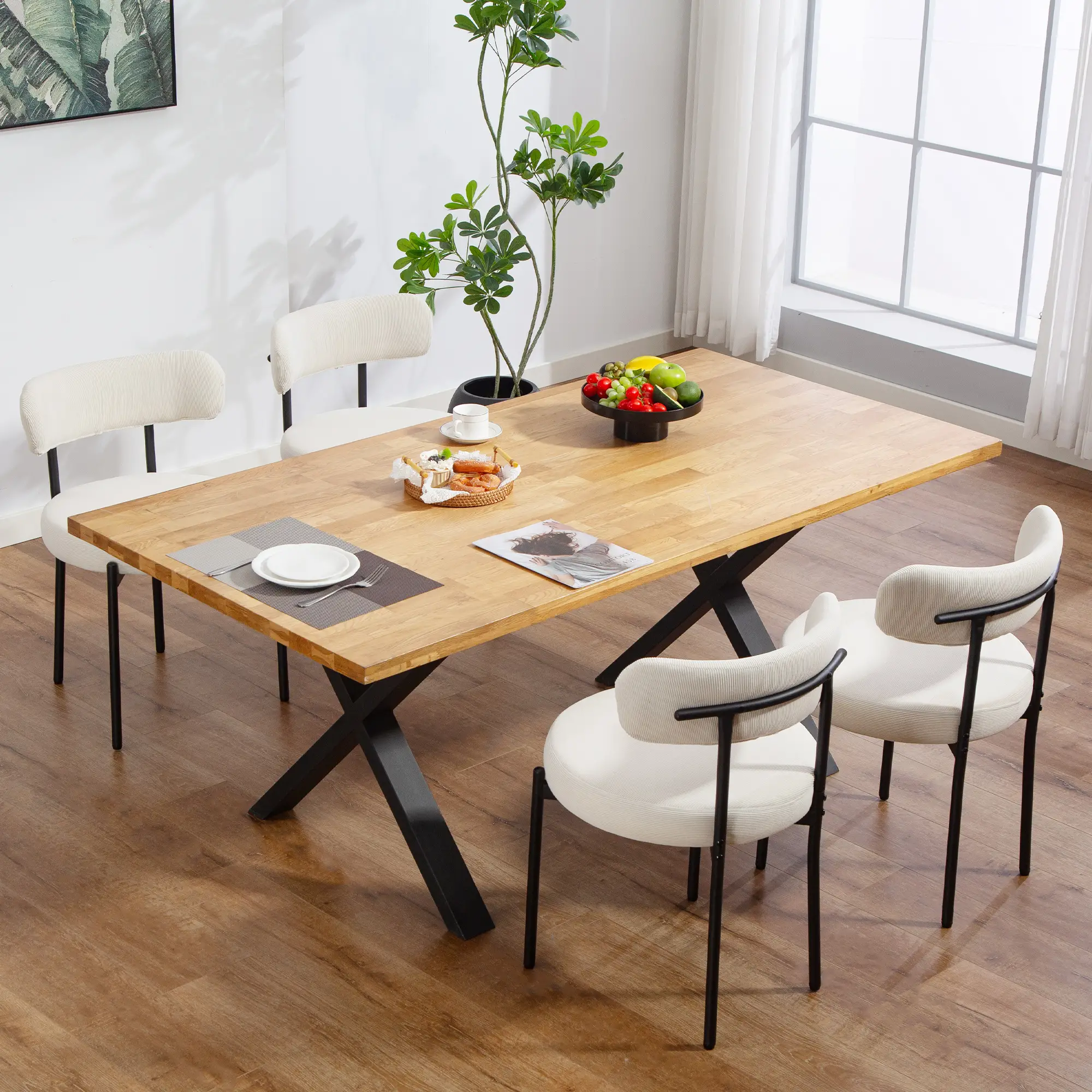 4 Kitchen Chairs, Modern Dining, Corduroy Upholstery, Steel Legs, Beige - Image 2