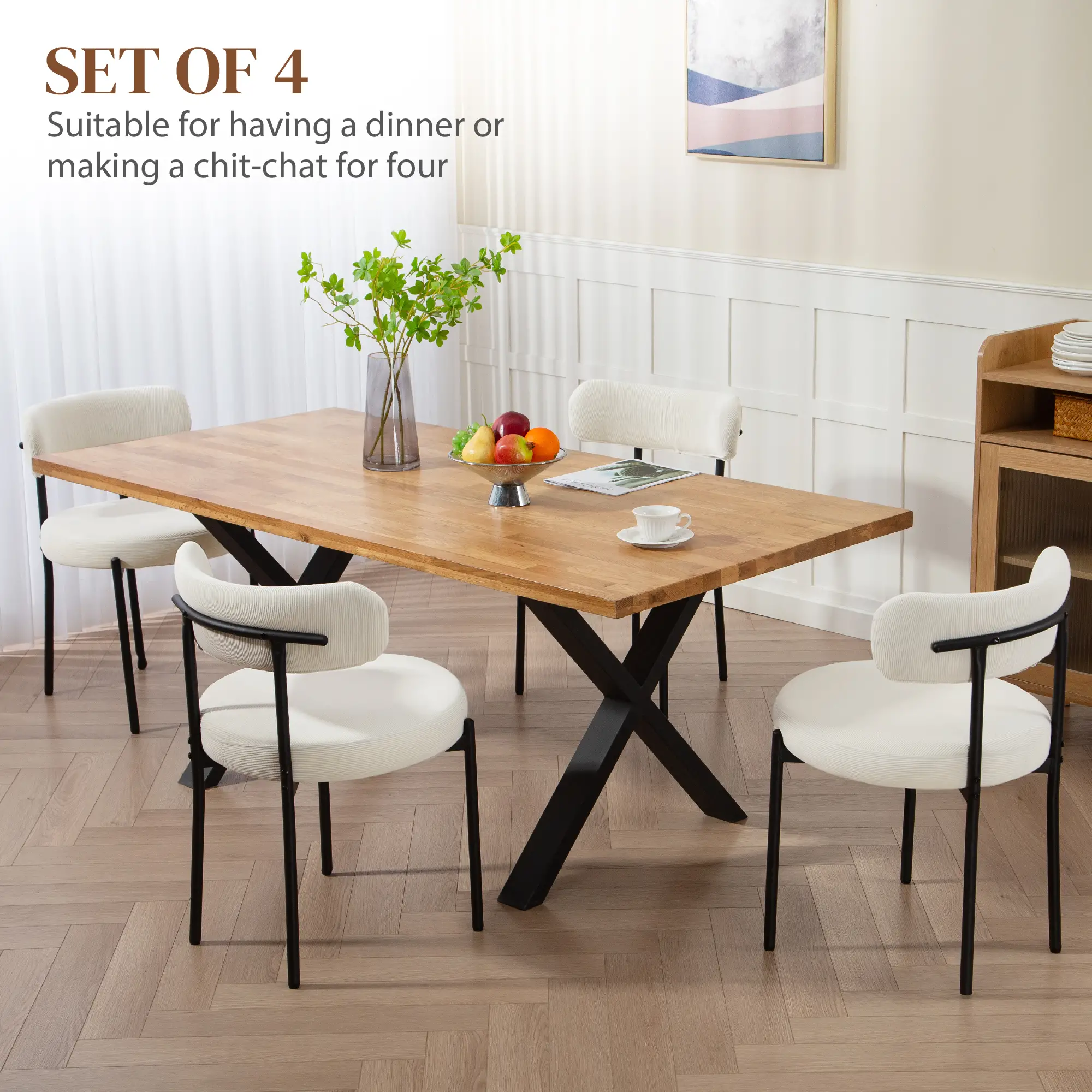 4 Kitchen Chairs, Modern Dining, Corduroy Upholstery, Steel Legs, Beige - Image 4