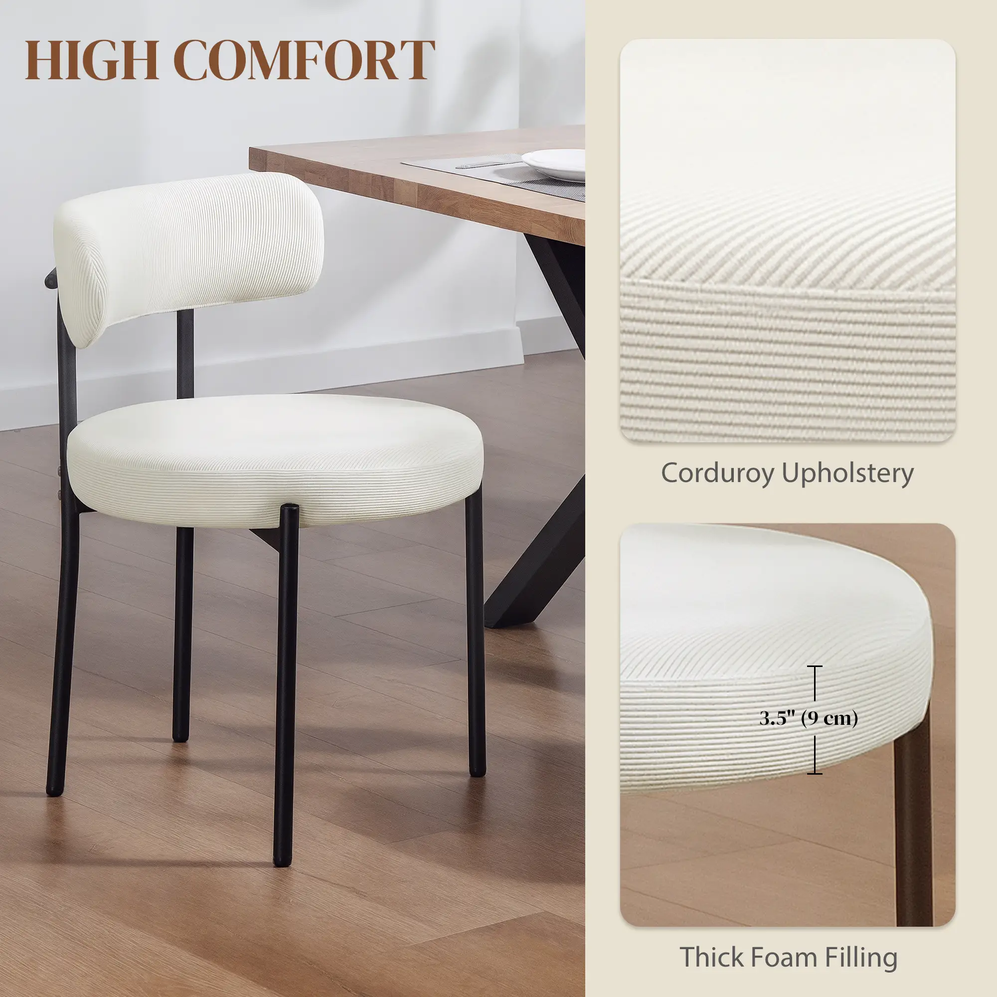 4 Kitchen Chairs, Modern Dining, Corduroy Upholstery, Steel Legs, Beige - Image 5