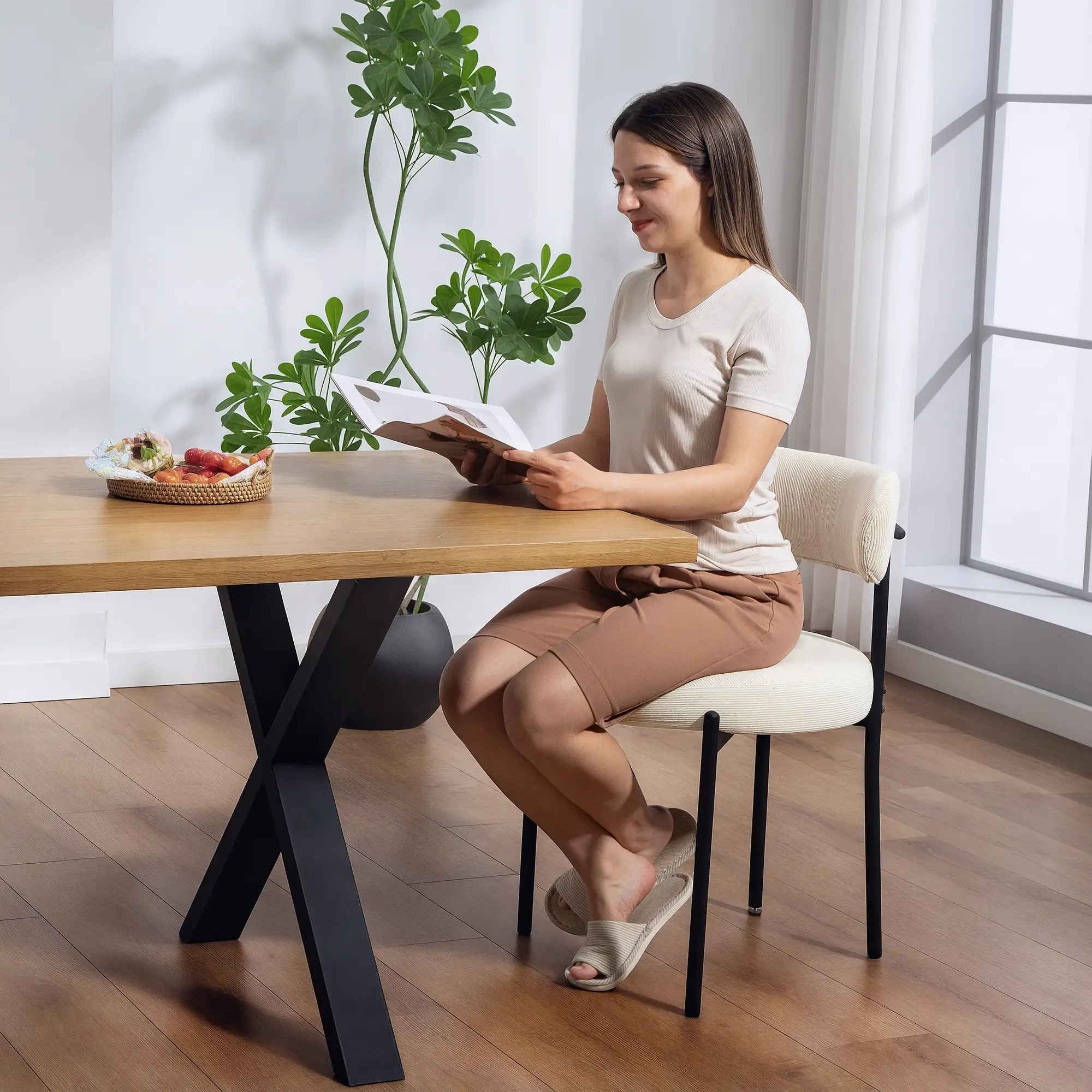 4 Kitchen Chairs, Modern Dining, Corduroy Upholstery, Steel Legs, Beige - Image 7