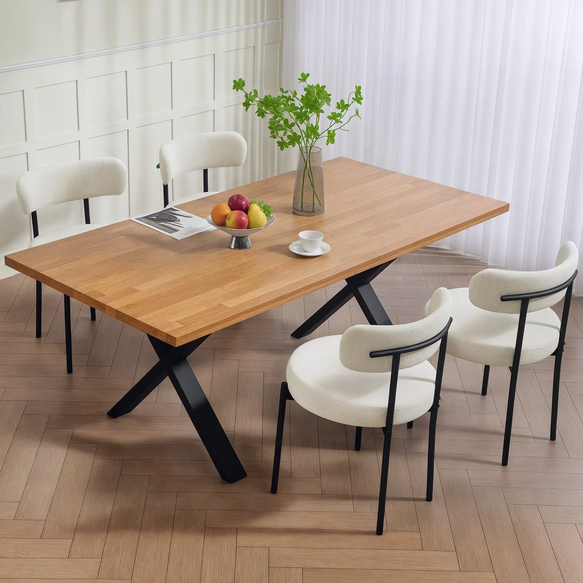 4 Kitchen Chairs, Modern Dining, Corduroy Upholstery, Steel Legs, Beige - Image 9
