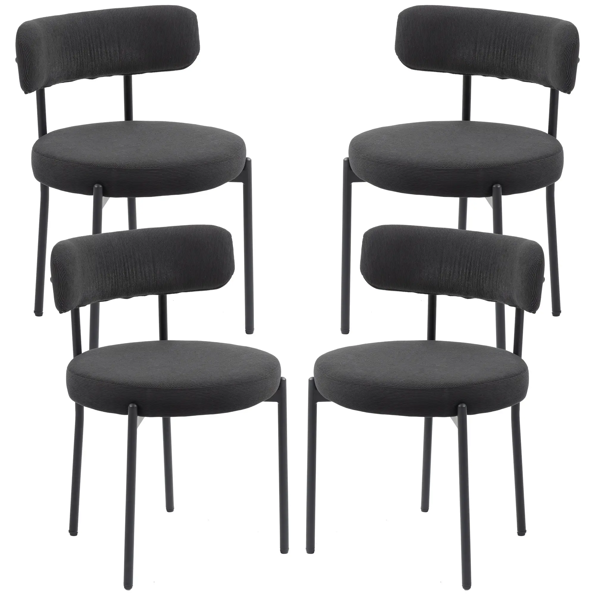 4 Kitchen Chairs, Modern Dining, Corduroy Upholstery, Steel Legs, Black