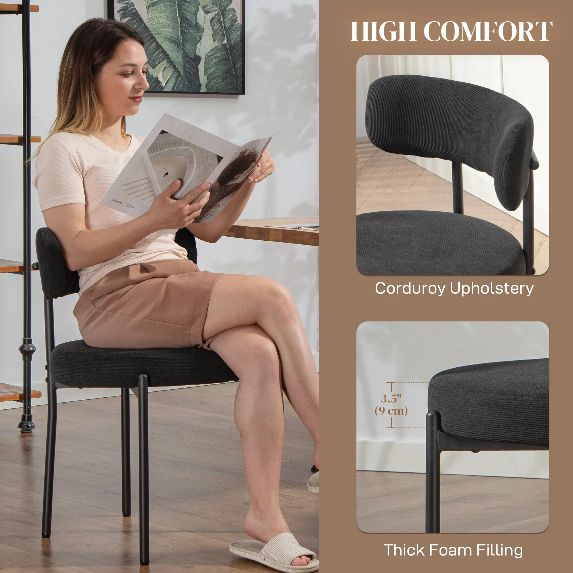 4 Kitchen Chairs, Modern Dining, Corduroy Upholstery, Steel Legs, Black - Image 5