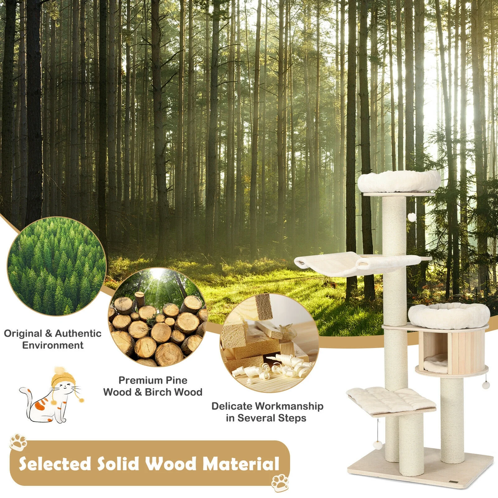 4-Layer 68.5-Inch Wooden Cat Tree Condo, Natural - Image 7