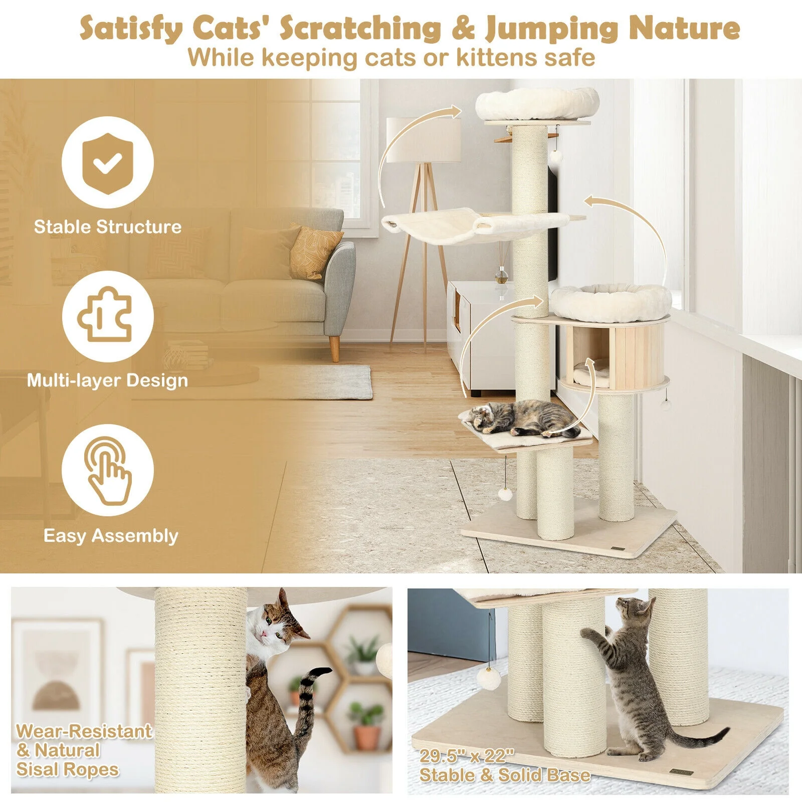 4-Layer 68.5-Inch Wooden Cat Tree Condo, Natural - Image 8