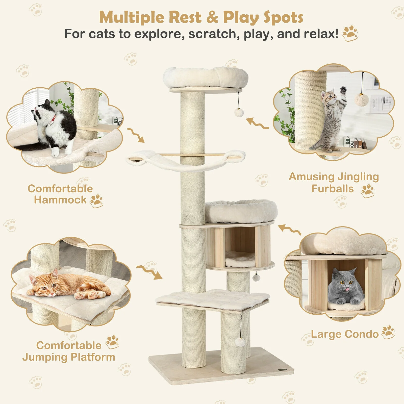 4-Layer 68.5-Inch Wooden Cat Tree Condo, Natural - Image 9