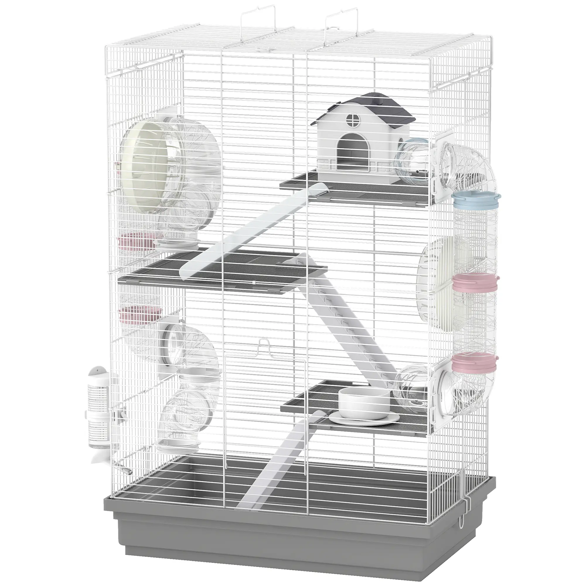 4-Level Large Hamster Cage, DIY Tubes, Water Bottle, Food Dish, Hut, Exercise Wheels, Grey