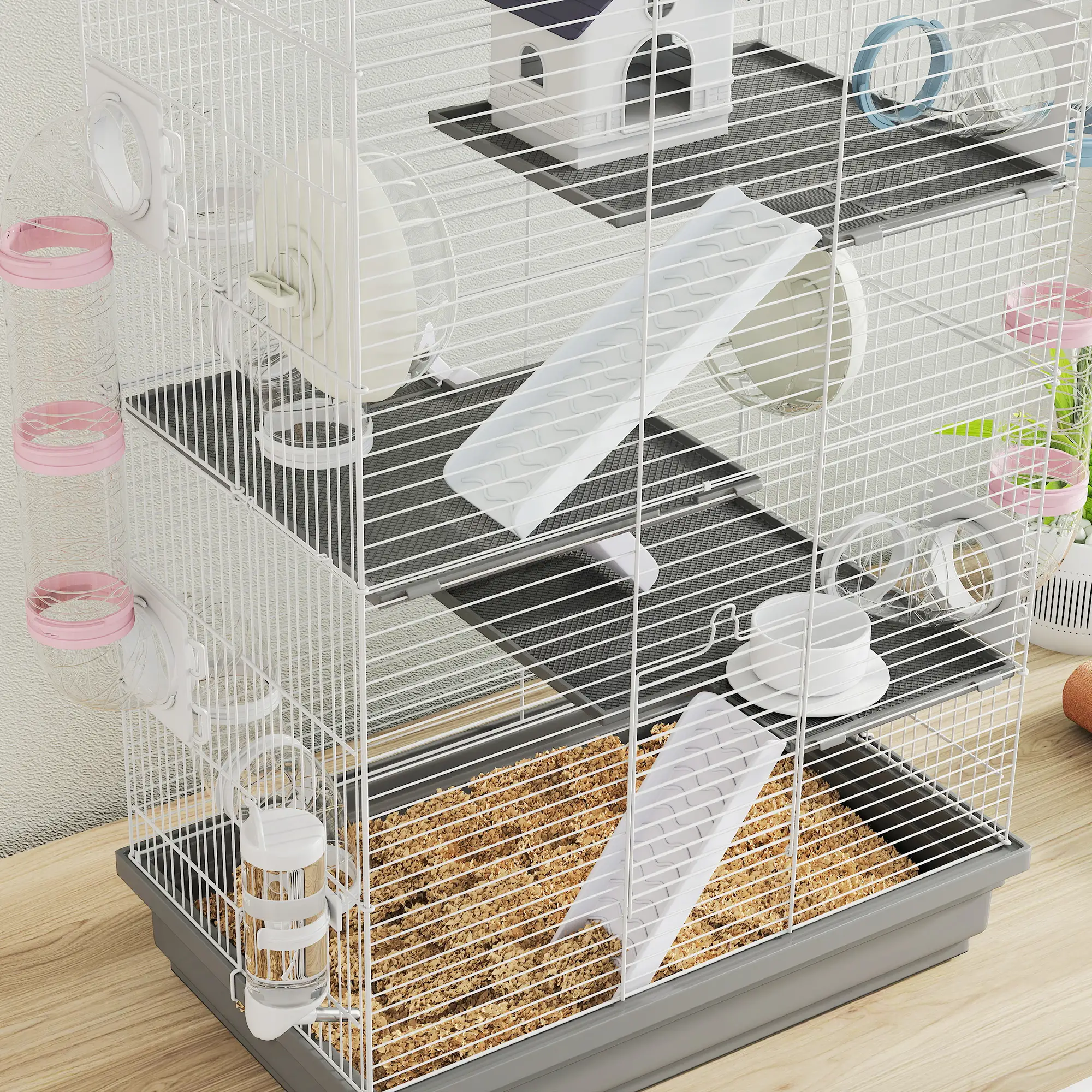 4-Level Large Hamster Cage, DIY Tubes, Water Bottle, Food Dish, Hut, Exercise Wheels, Grey - Image 10