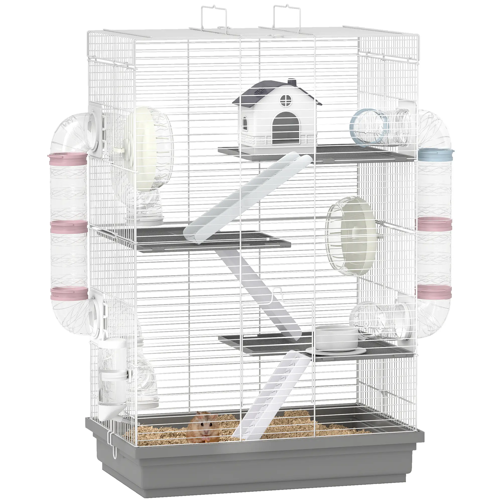 4-Level Large Hamster Cage, DIY Tubes, Water Bottle, Food Dish, Hut, Exercise Wheels, Grey - Image 11