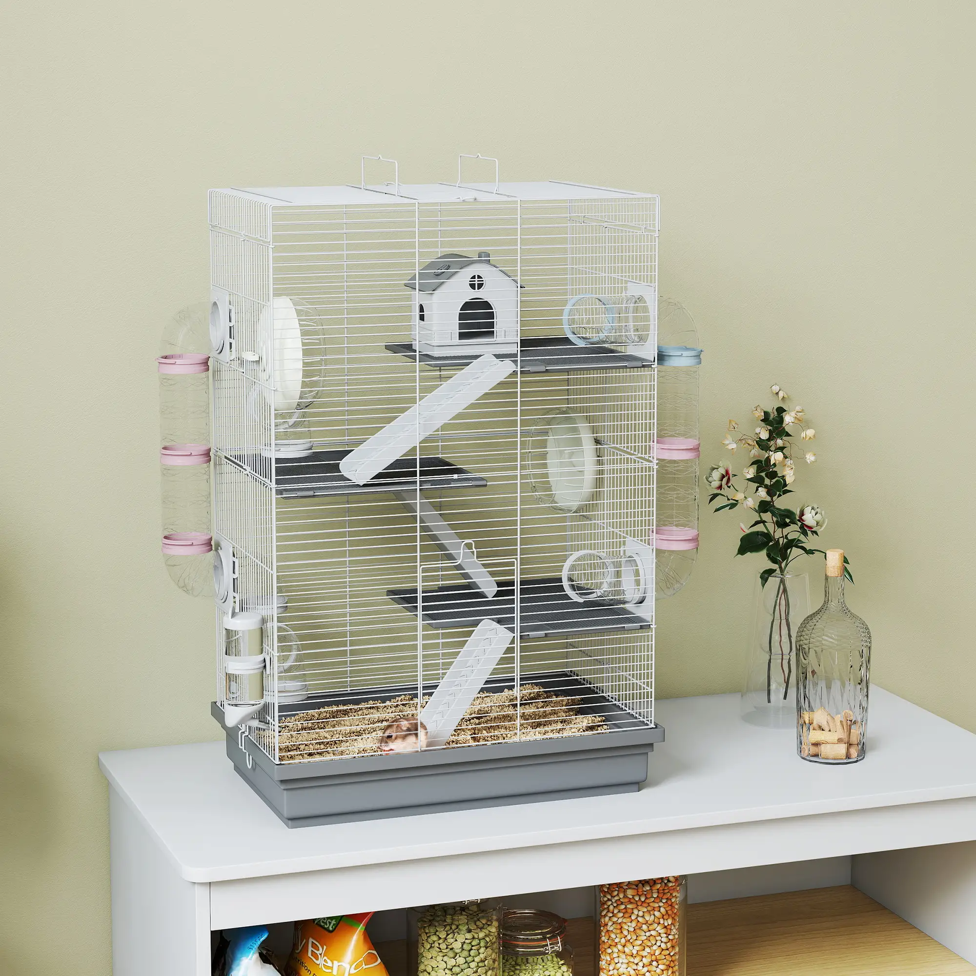 4-Level Large Hamster Cage, DIY Tubes, Water Bottle, Food Dish, Hut, Exercise Wheels, Grey - Image 2