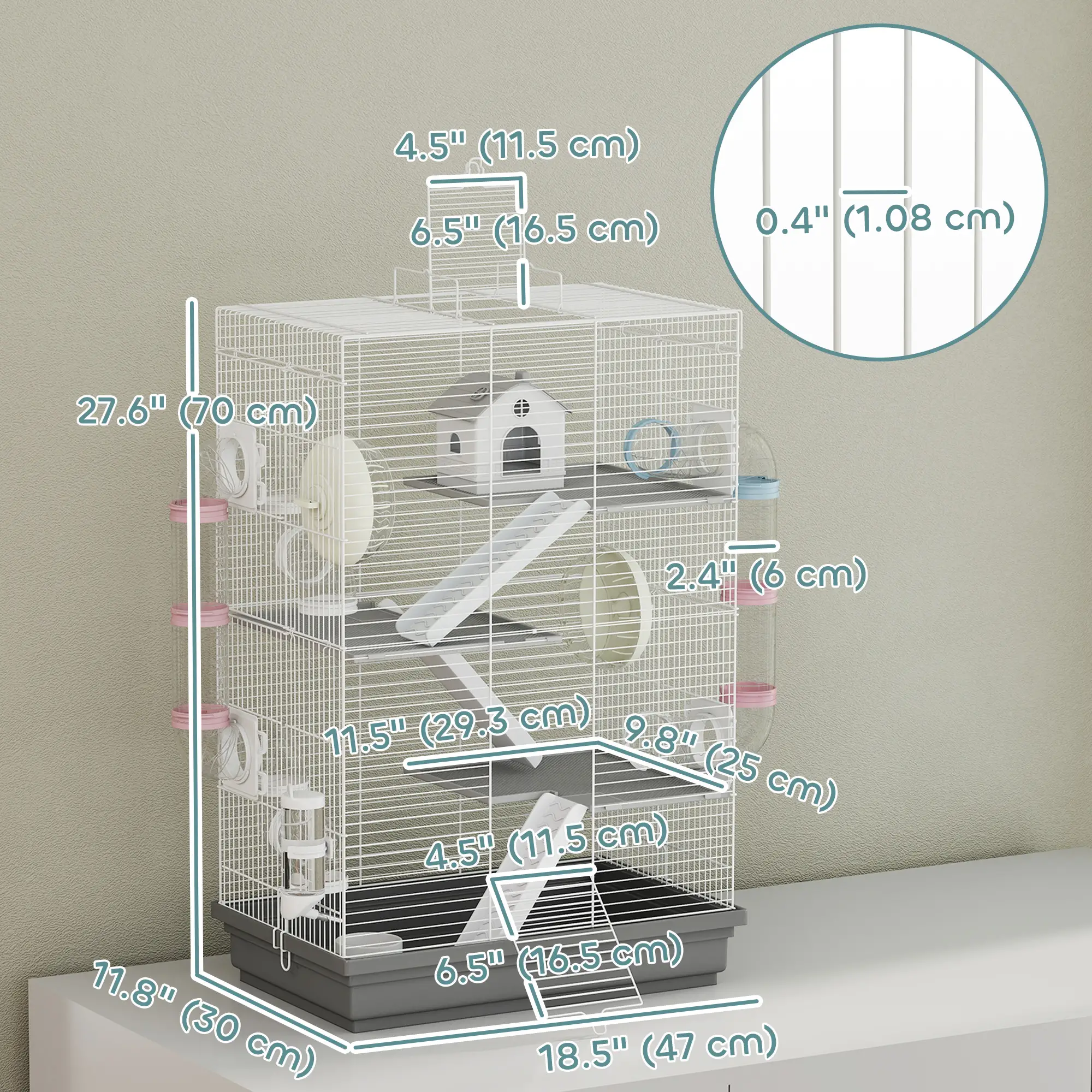 4-Level Large Hamster Cage, DIY Tubes, Water Bottle, Food Dish, Hut, Exercise Wheels, Grey - Image 3