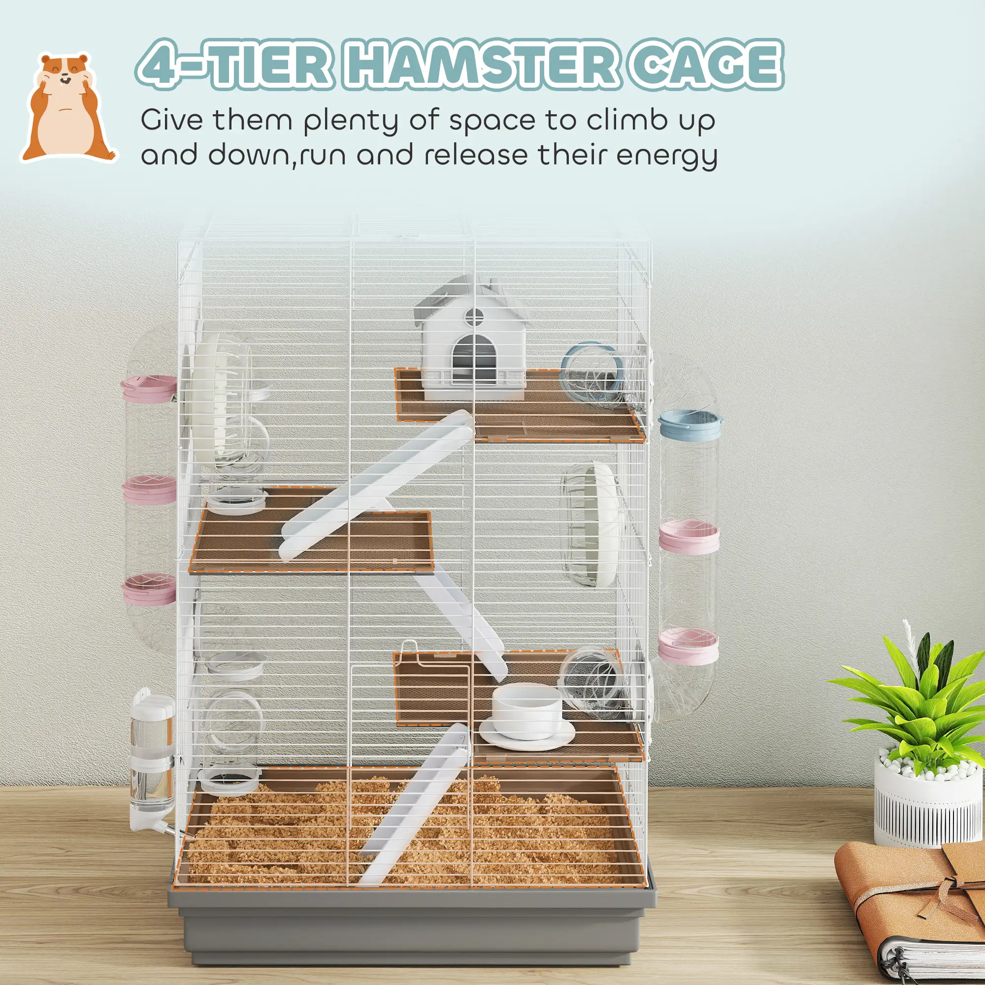 4-Level Large Hamster Cage, DIY Tubes, Water Bottle, Food Dish, Hut, Exercise Wheels, Grey - Image 4